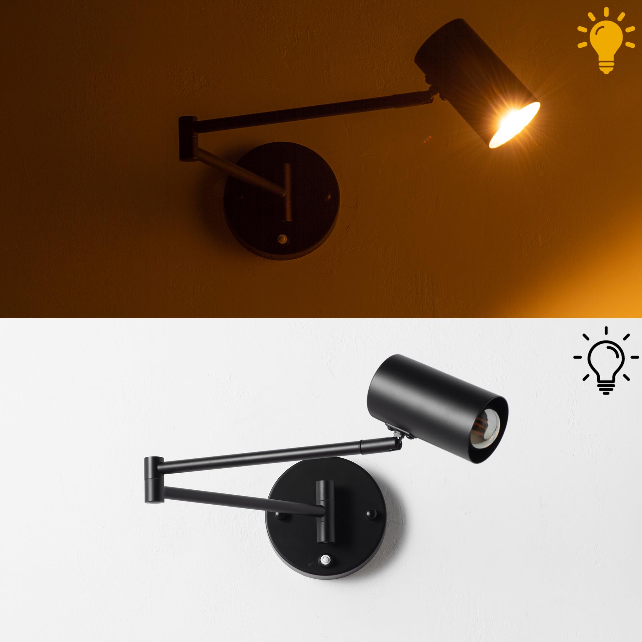 Alpinaluz Aplique da Parete con Interruttore Integrato, Braccio Estensibile Orizzontale e Testa Orientabile a 350°, Portalampada E27, Design Moderno in Ferro Nero per Illuminazione Interna in Camera