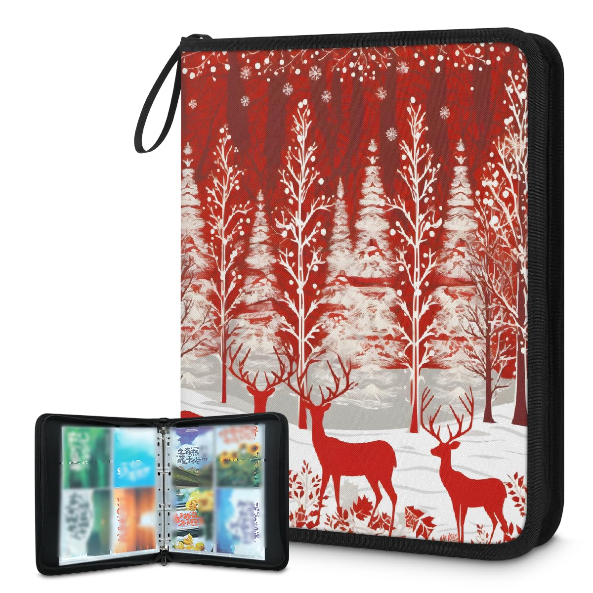 Raccoglitore per carte collezionabili con 4 tasche, motivo cervo natalizio invernale, abete, con maniche rimovibili, impermeabile, con cerniera, 50 pagine, capacità 400 carte
