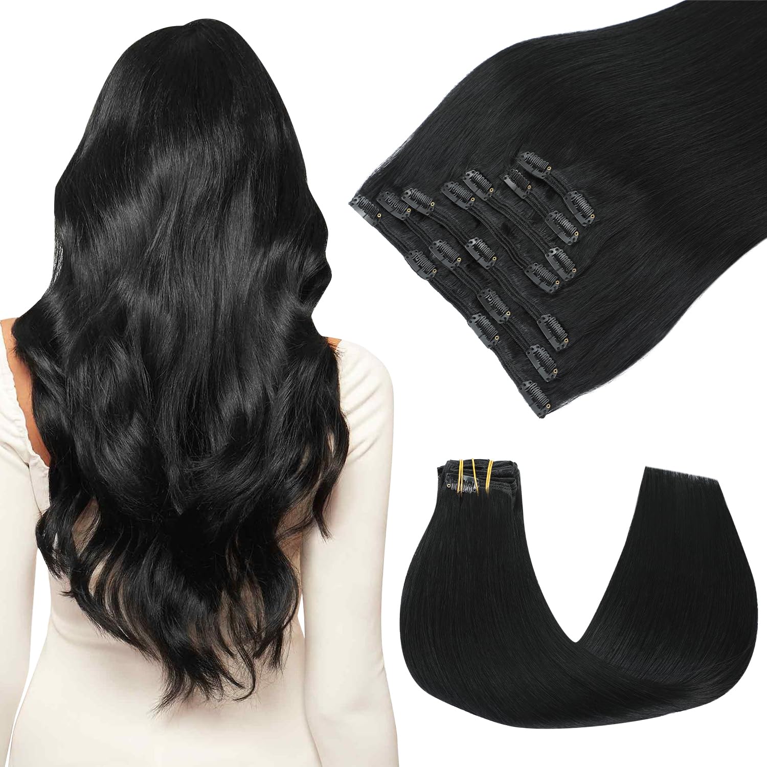 SAFIRENY Clip in Hair Extensions Real Human Hair Extensions Remy Straight Human Hair Extensions Clip ins Jet Black Extensions for Women 20inch 160g