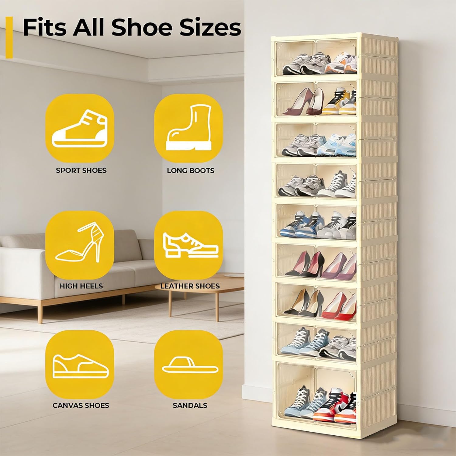 FAHKNS 9-Tier Collapsible Shoe Rack Organizer, 18 Pairs Foldable Shoe Rack with Magnetic Doors for Entryway Clear Portable Plastic Shoes Rack Easy Assembly