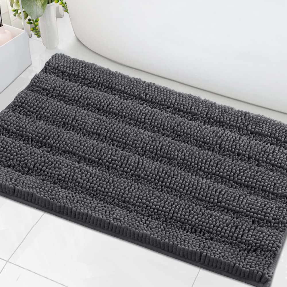 H.VERSAILTEX Bath Mats for Bathroom Non Slip Extra Thick Chenille Striped Bath Rug 24" x 36" Absorbent Non Skid Fluffy Soft Shaggy Rugs Washable Dry