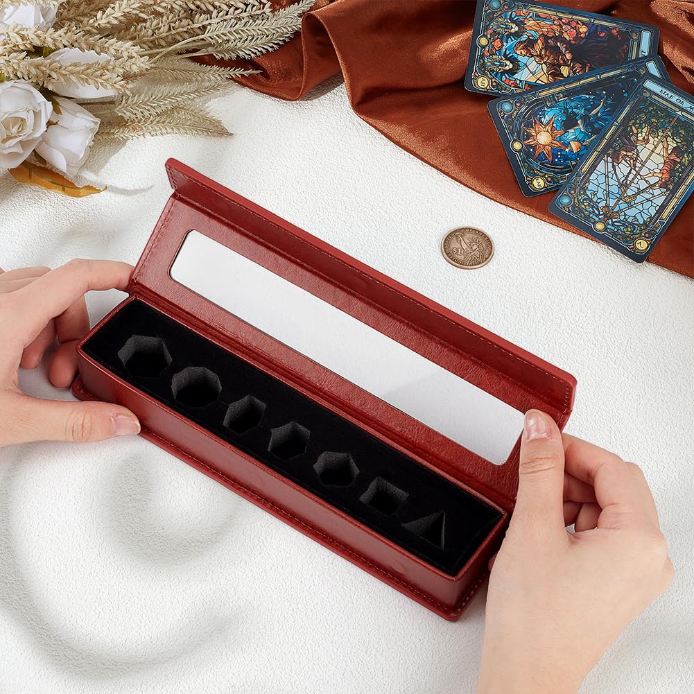 MAYJOYDIY 7-Slot Leather Dice Case Box Rectangle Gift Boxes Dice Organizer Boxes with Visible Window Lid for Player Dark Red - Image 3