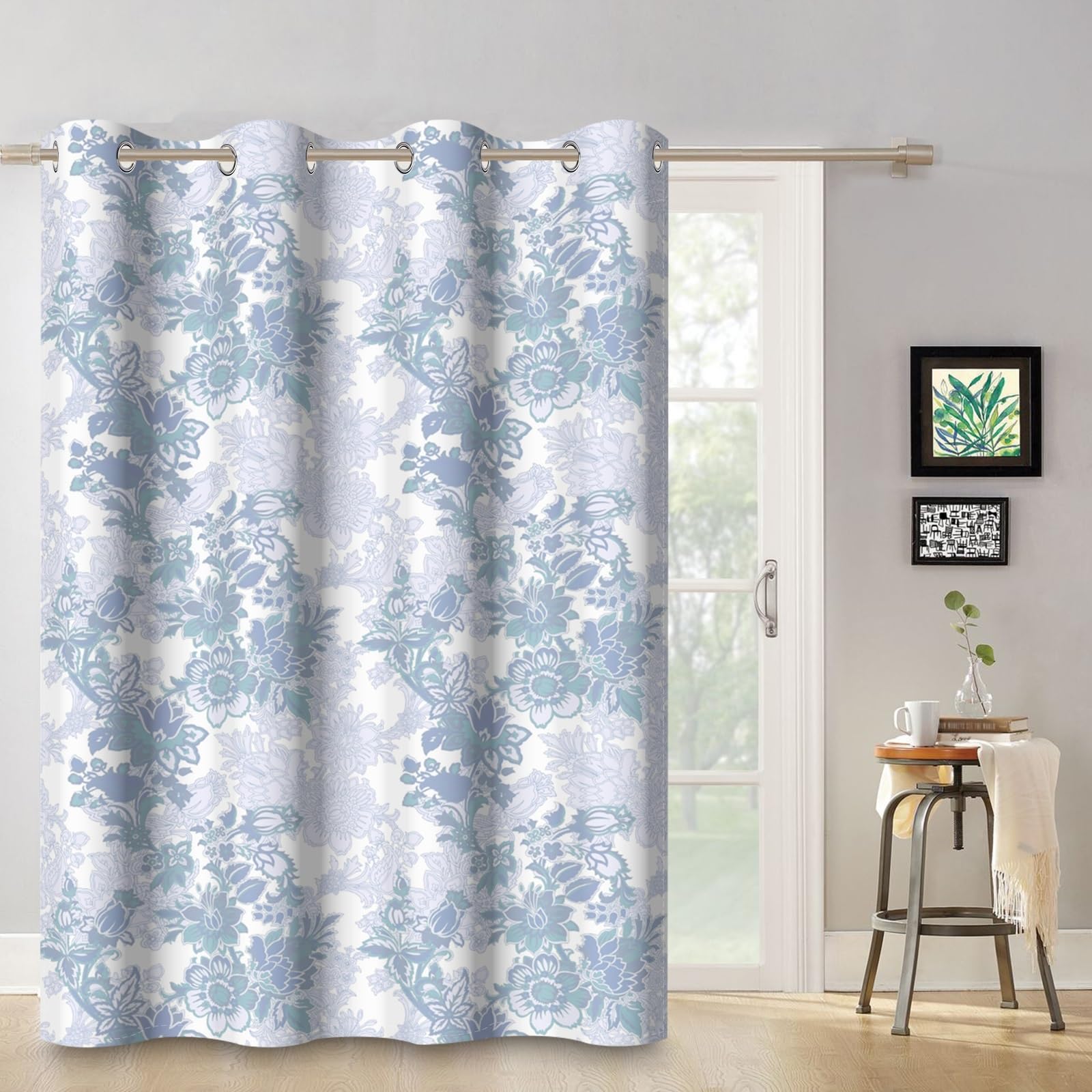135x229cm Rideau à œillets Fleuri Bleu Esthétique Vintage Moyen-âge Ferme Style campagnard Rideaux isolants Thermiques Oeillets Occultants Rideaux pour Chambre de Fille Salon,1 Panneau Simple