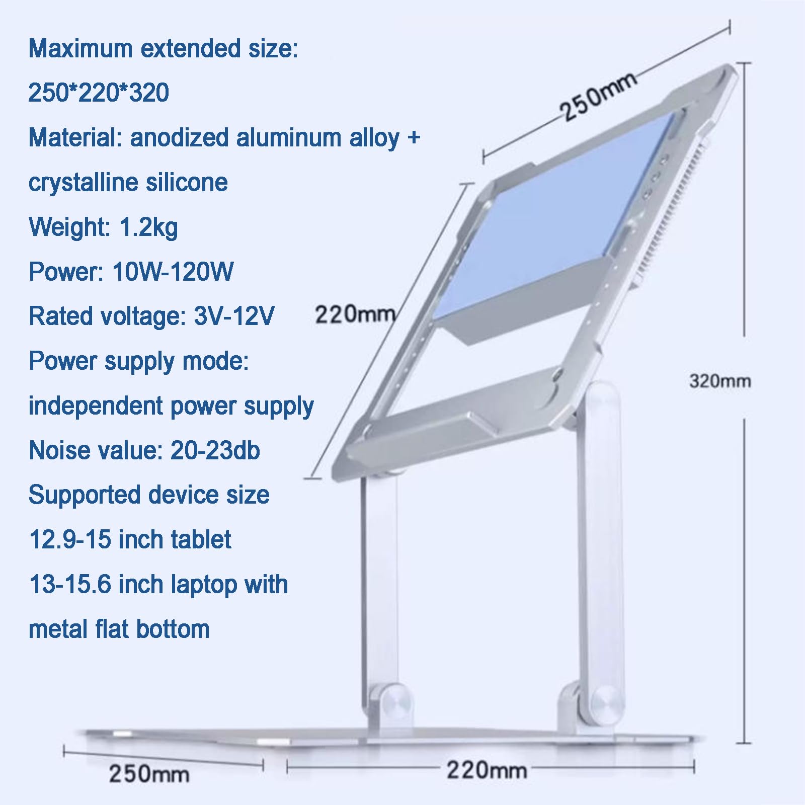 Stojak na laptopa z funkcją chłodzenia, uchwyt na tablet ze stopu aluminium, na biurko, prędkość wiatru i kąt, do tabletów od 12,9 do 15,6 cala i laptopów