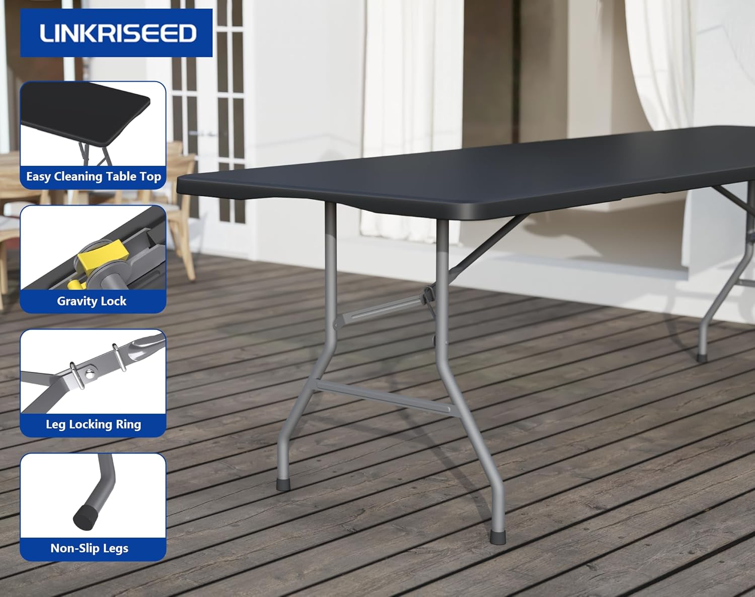 8FT Black Folding Table for Outdoor, 8 Foot Picnic Tables No Assembly Required Portable, Black Foldable Table for Camping, Parties, Meeting, Events, Wedding, BBQ, with Carrying Handle