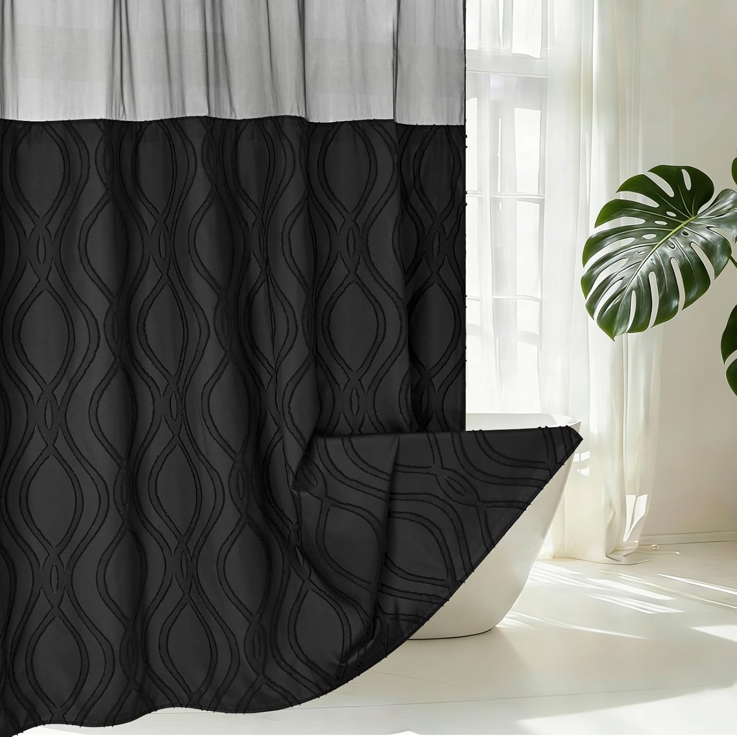 Yinhua No Hook Shower Curtain with Snap in Liner Set, Tufted Waterproof Shower Curtains for Bathroom Washable Bath Curtain Hotel Style Curtains with See Through Top Window, Black, 71" W×74" L