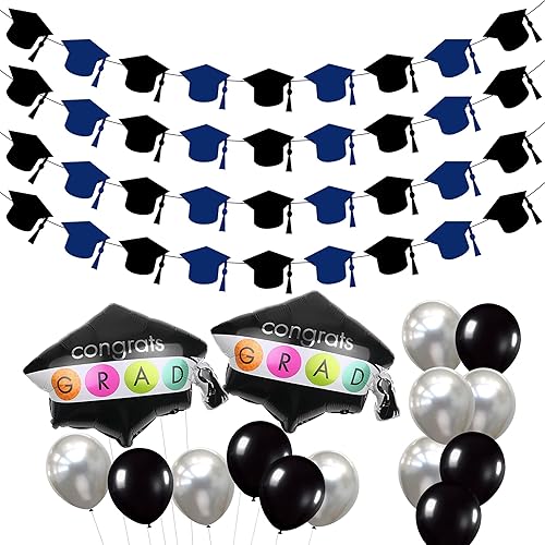 KatchOn, Guirnalda de gorro de graduación azul de fieltro, 4 cuerdas con sombrero de graduación, paquete de 16, decoraciones de gorra de graduación