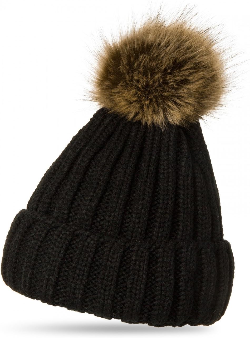 Womens Winter Rib Knitted Hat/Beanie with Chunky Faux Fur Bobble Pom Pom - Many Colours - MU054, Farbe:Black