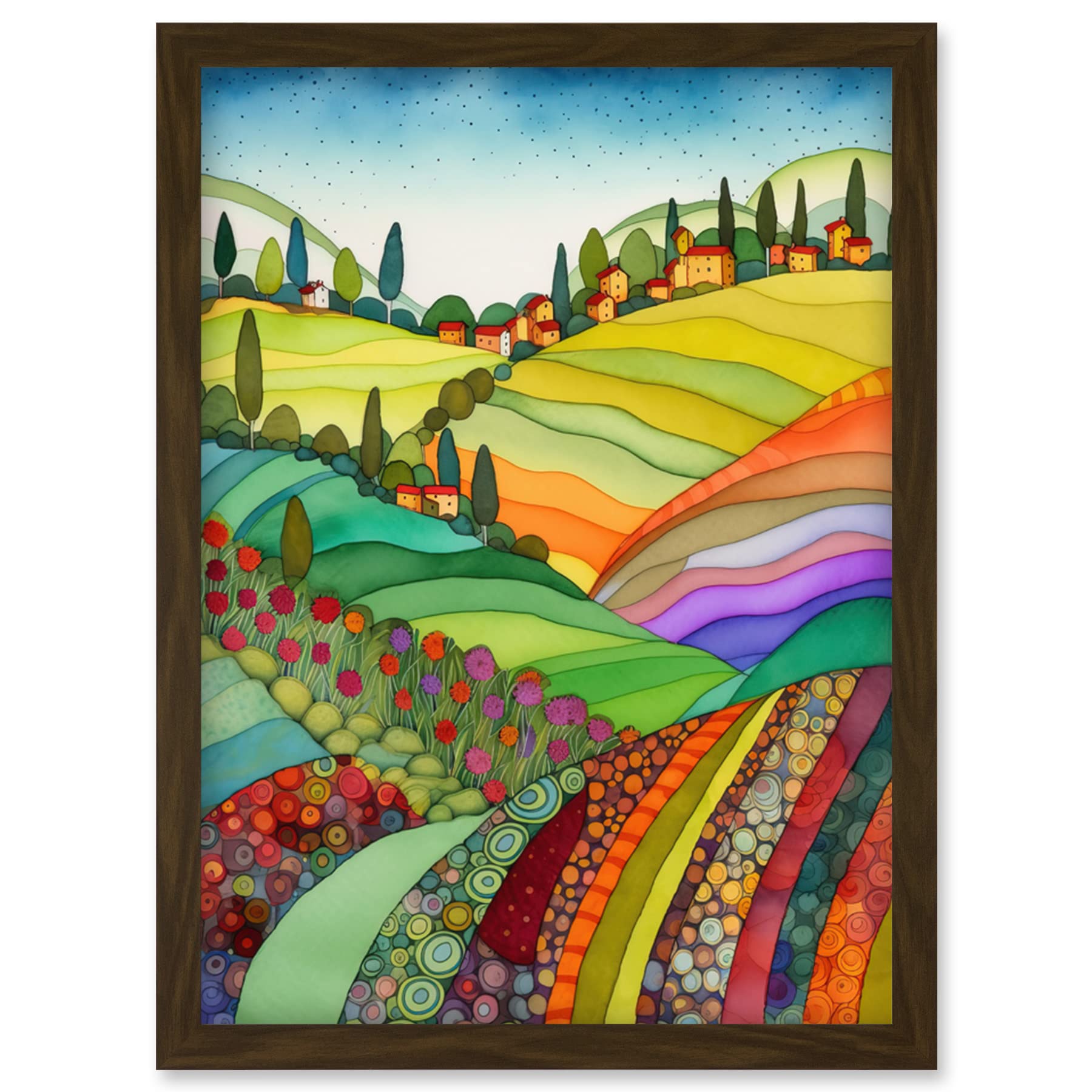 Artery8 Abstract Tuscany Hills Landscape Folk Art Artwork Framed Wall Art Print A4
