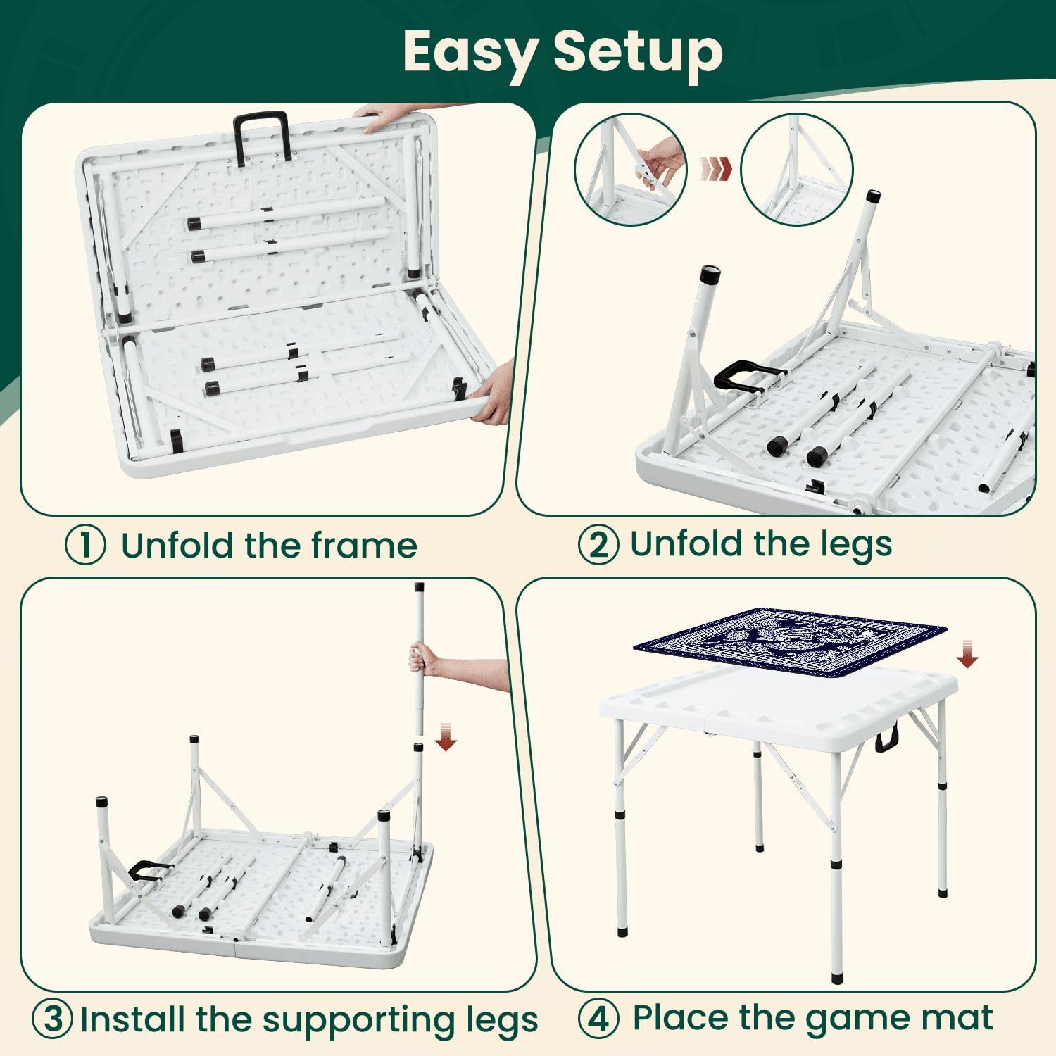 Folding Mahjong Table with Paisley Floral Bandana Navy Blue White Ornate Border Wear-Resistant Mahjong Mat, 4 Cup Holders & Chip Trays for 4 Players Square Portable Card Table for Poker Domino