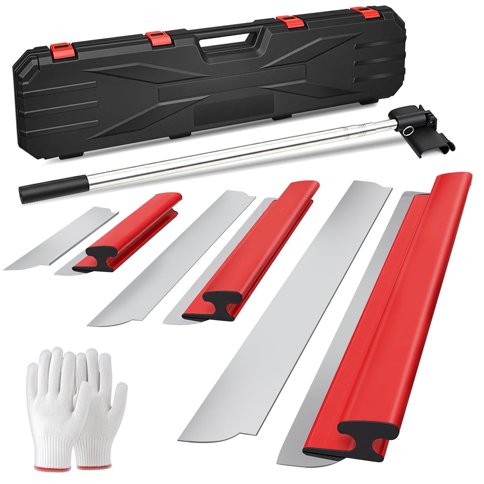Trockenbau-Skimming-Messer-Set mit Verlängerungsgriff, professionelle Trockenbau-Werkzeuge mit Handschuhen, Edelstahl 300 mm + 500 mm + 800 mm Skimming-Klingen zum Glätten von Wand und Decke