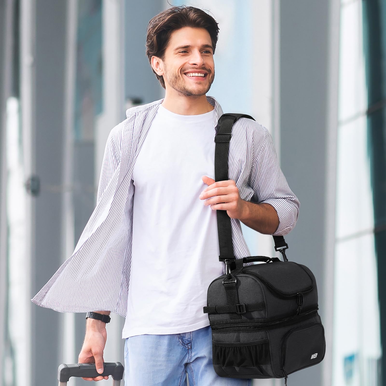 MIER Bolsa de almuerzo con doble compartimento para hombres y mujeres, bolsa térmica aislada a prueba de fugas, color negro