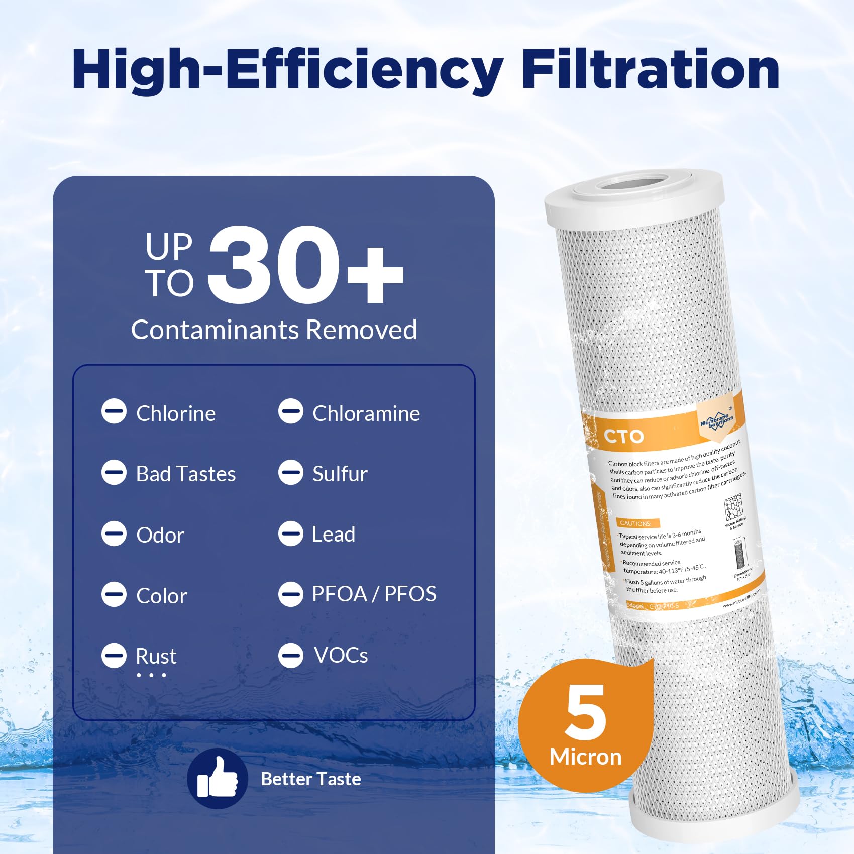 Membrane Solutions Filtre à eau en charbon actif 10"x 2,5", compatible avec le système de filtration domestique sous évier et sur le comptoir, filtration du goût, élimination du chlore, 4 Pack