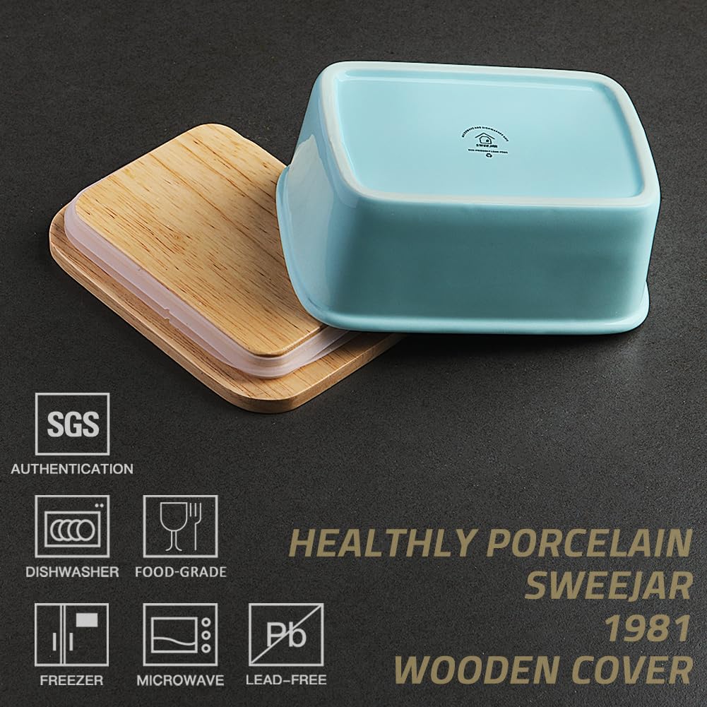 Sweejar Home Porcelain Butter Dish with Airtight Wooden Lid, Perfect for 2 Sticks of Butter - Turquoise, Smooth Glaze - Image 2