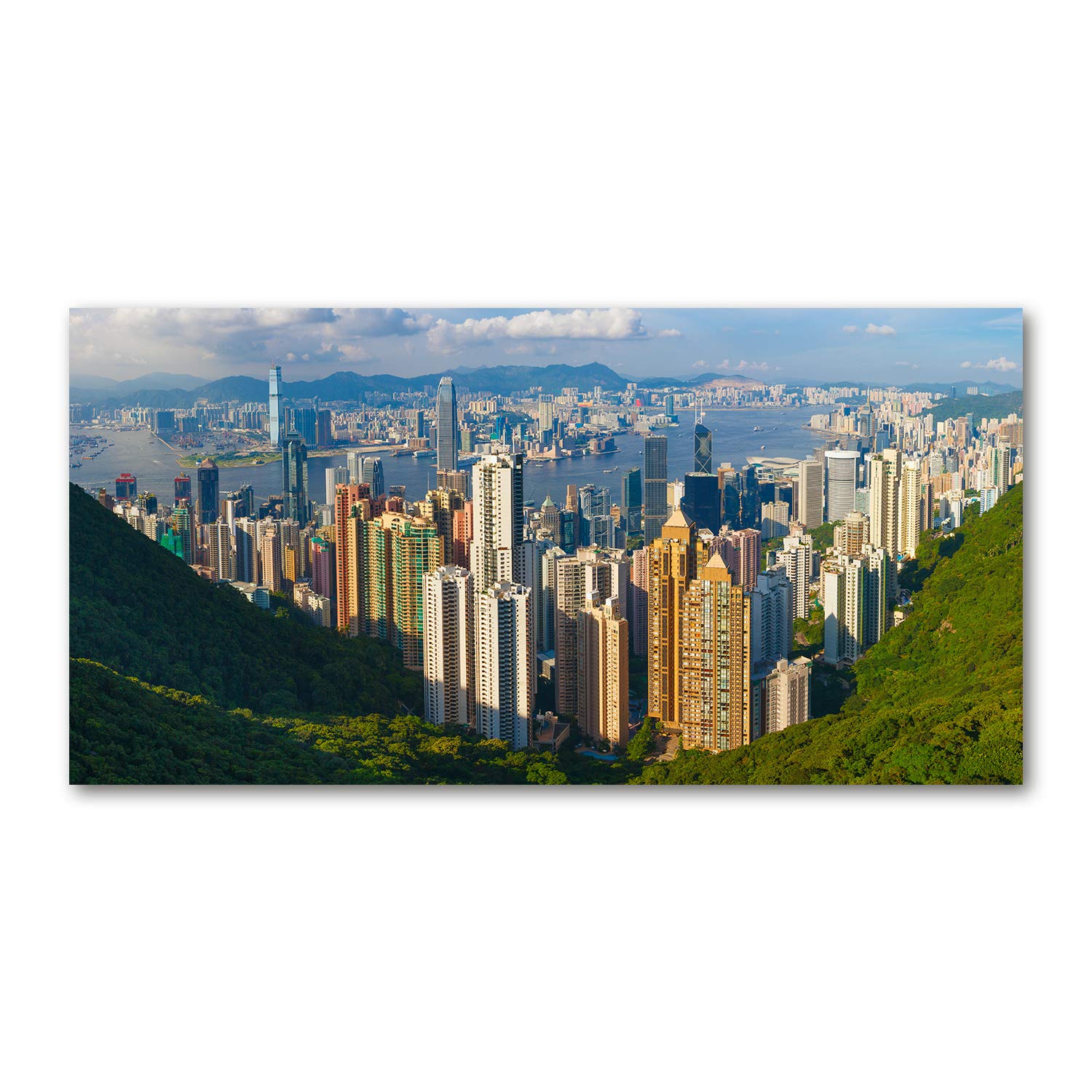 Tableau panorama de Hong Kong en verre 120x60 cm pour illuminer un salon sombre ou vide
