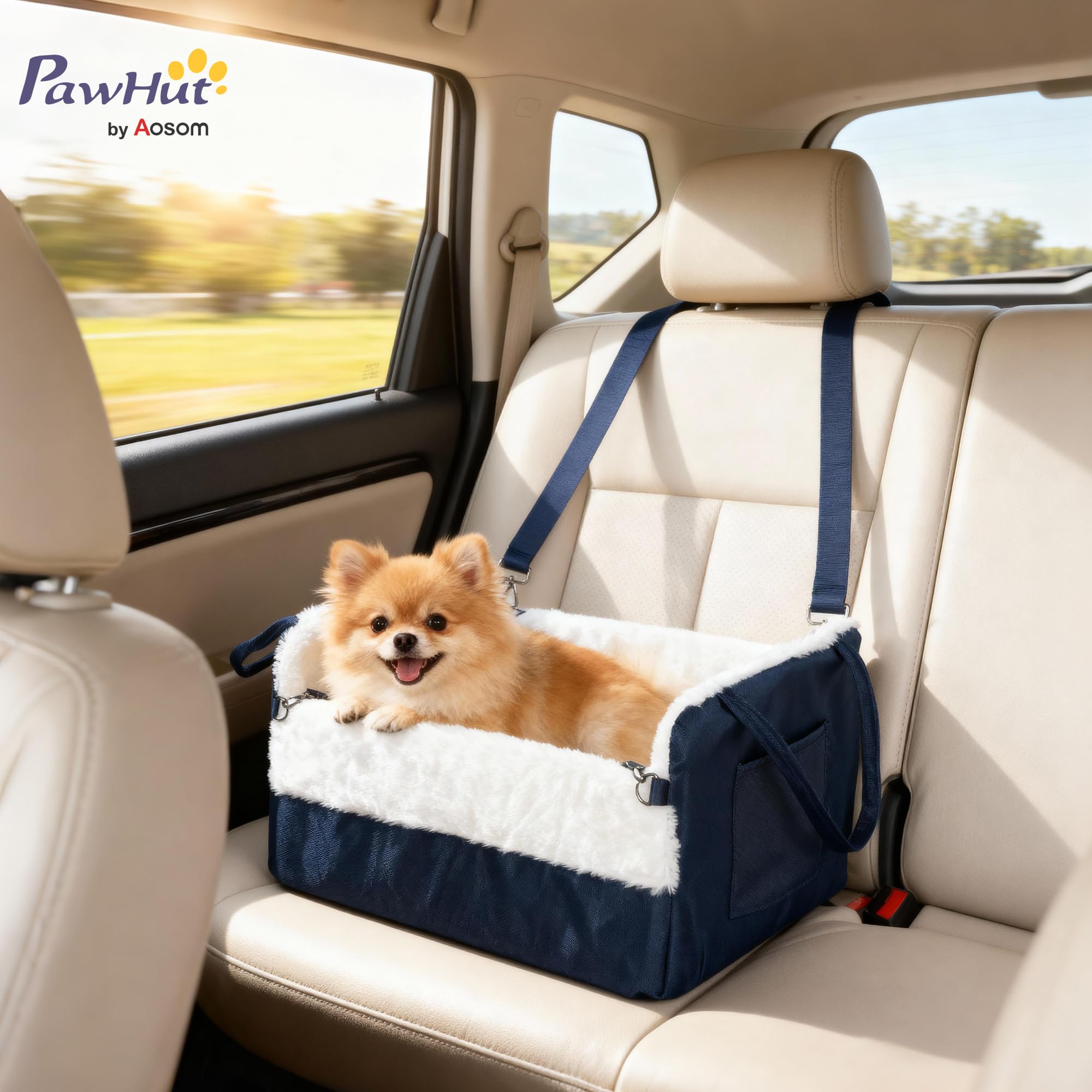 PawHut Asiento de Coche para Perros con cinturón de Seguridad y fijación, Asiento de Coche para Perros con Base Antideslizante portátil hasta 5 kg, cojín extraíble Cesta de Coche para Mascotas, Azul | Fijación, asiento de coche para perros, base antidesli