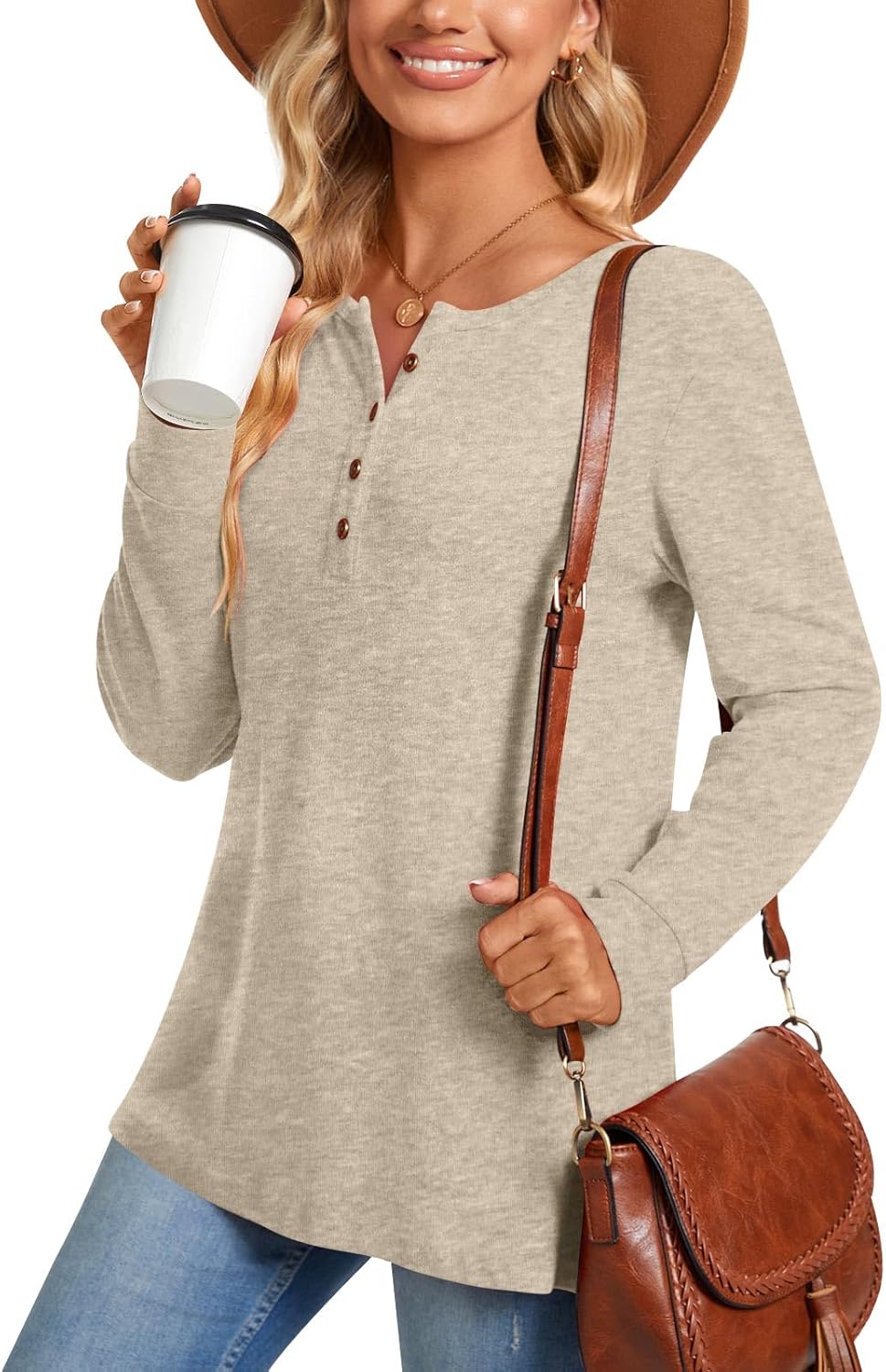 Aodemo Women's Henley Tops Fall Long Sleeve Button Up Tunic Casual Loose Winter Sweatshirt