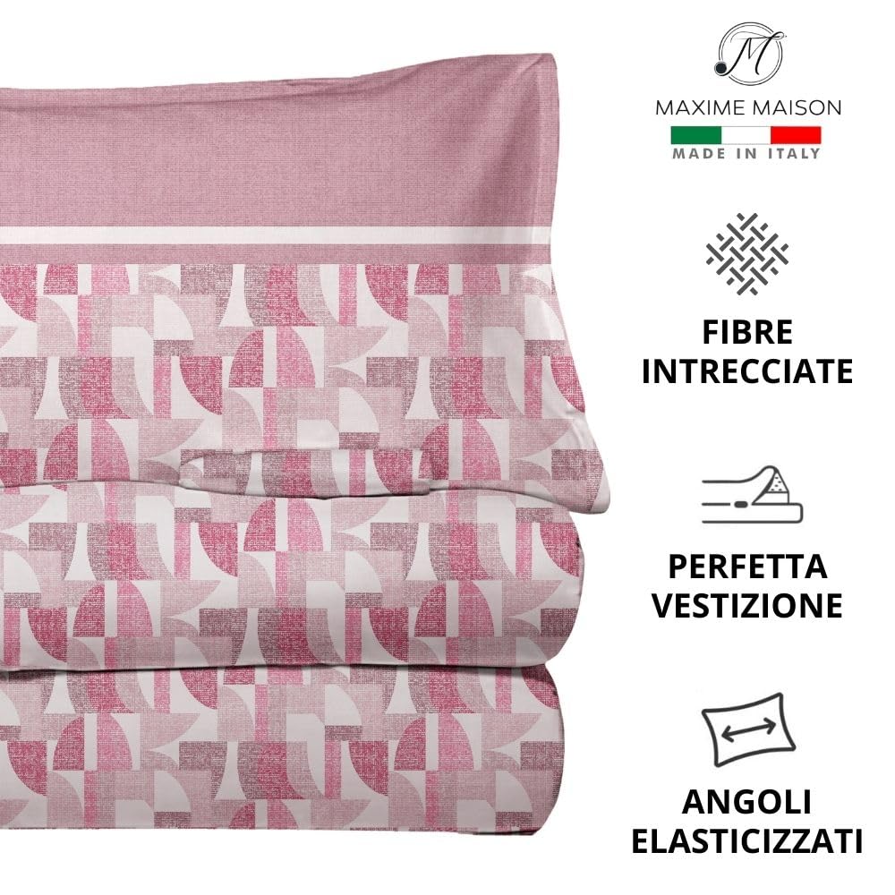 MAXIME MAISON - Completo Lenzuola Una Piazza e Mezza Cotone Stampate, Set Lenzuola 1 Piazza e Mezza con Federa, Lenzuolo in Cotone Anallergico, Biancheria da Letto Made in Italy (Dream Cipria)