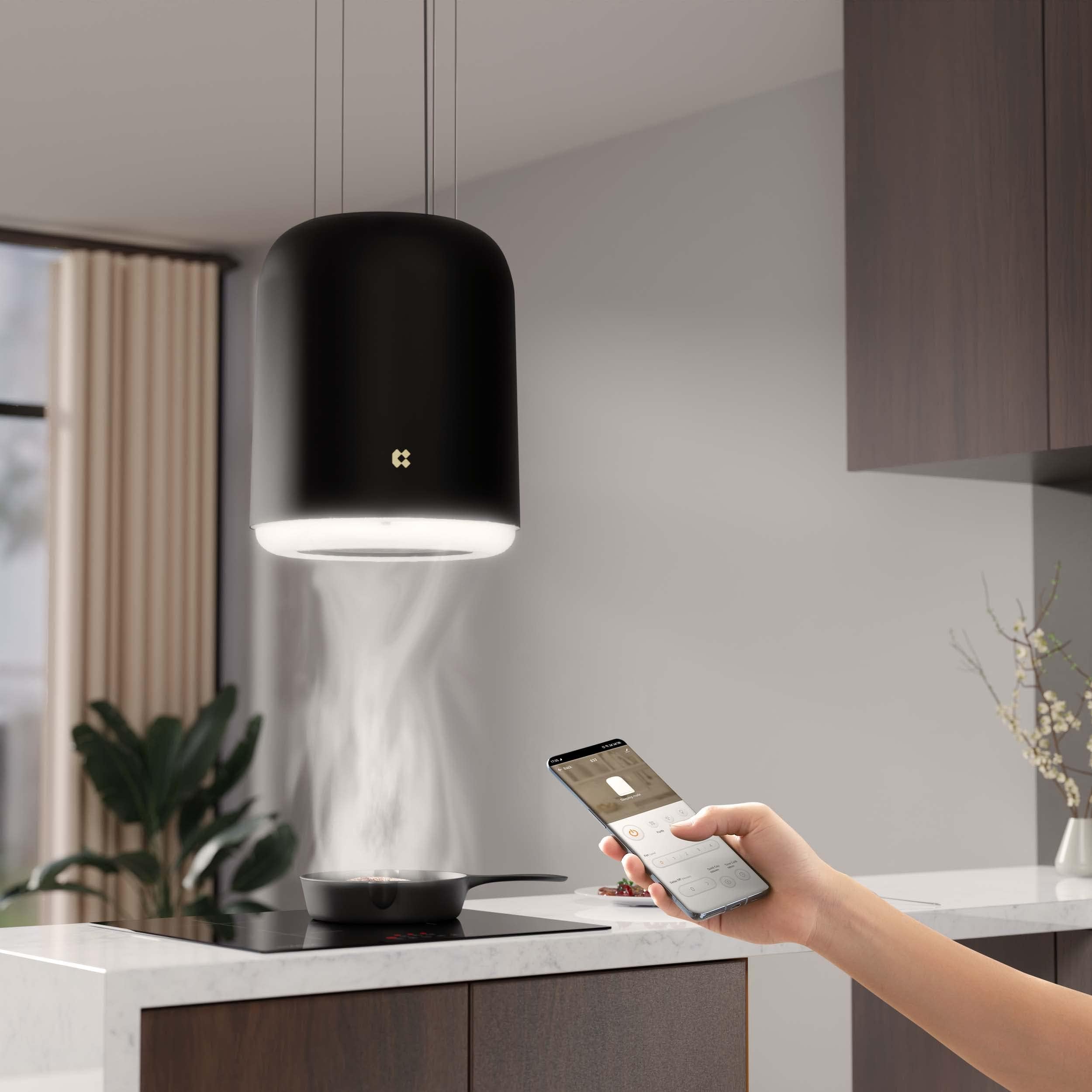 CIARRA CBCB4833 Cappa A Isola A+ Cappa Aspirante A Ricircolo Sospesa 48cm 550 m³/h4 Livelli Booster App Smart Wi-Fi Vetro Nero Filtro Al Carbone CBCF003