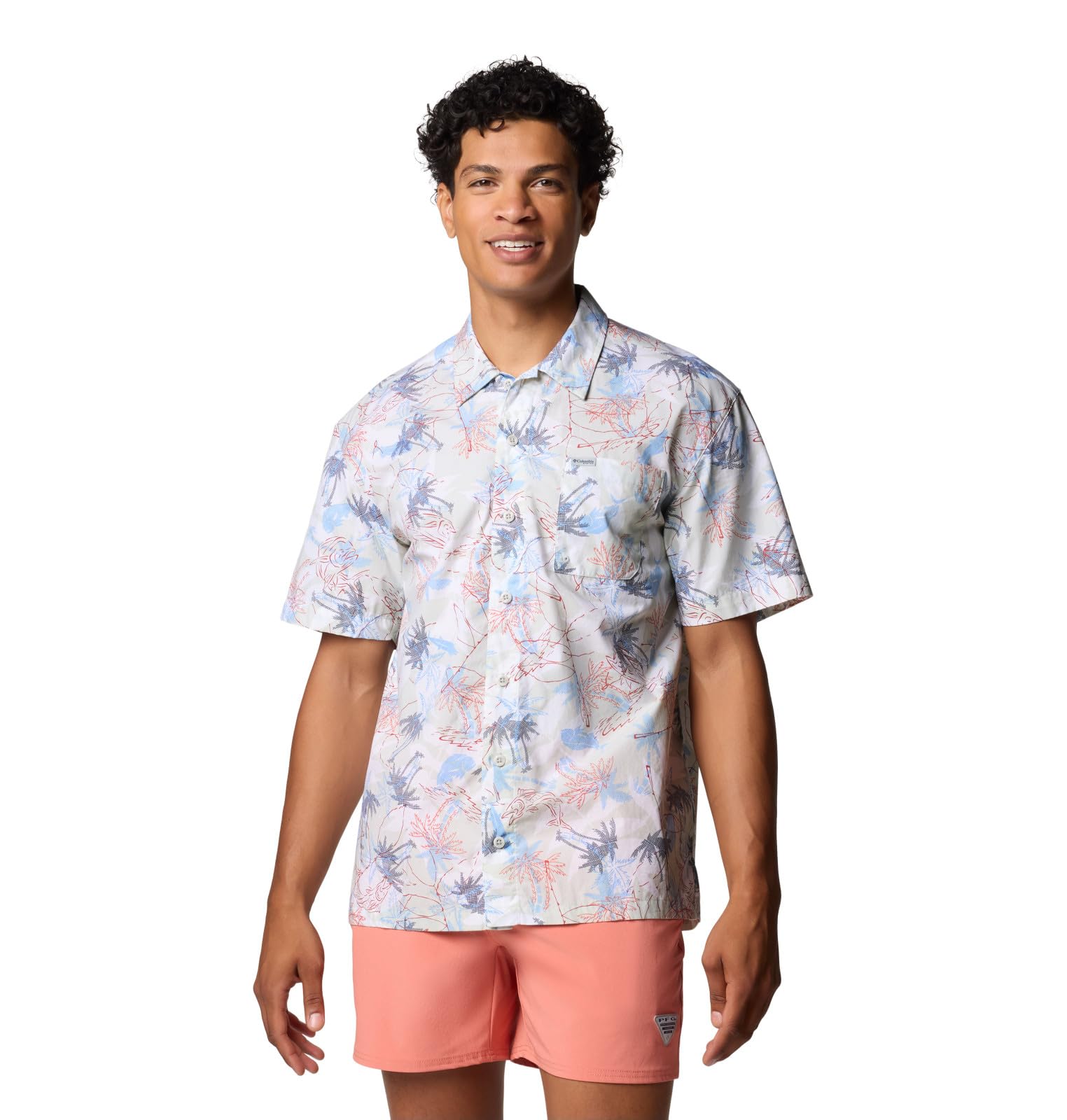 Columbia Men's PFG Trollers Best Short Sleeve Fishing Shirt, White Majestic Catch, Small