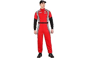 Plus Size Men's F1 Driver Costume - Jumpsuit with Checkerboard Panels, Belt, and Hat