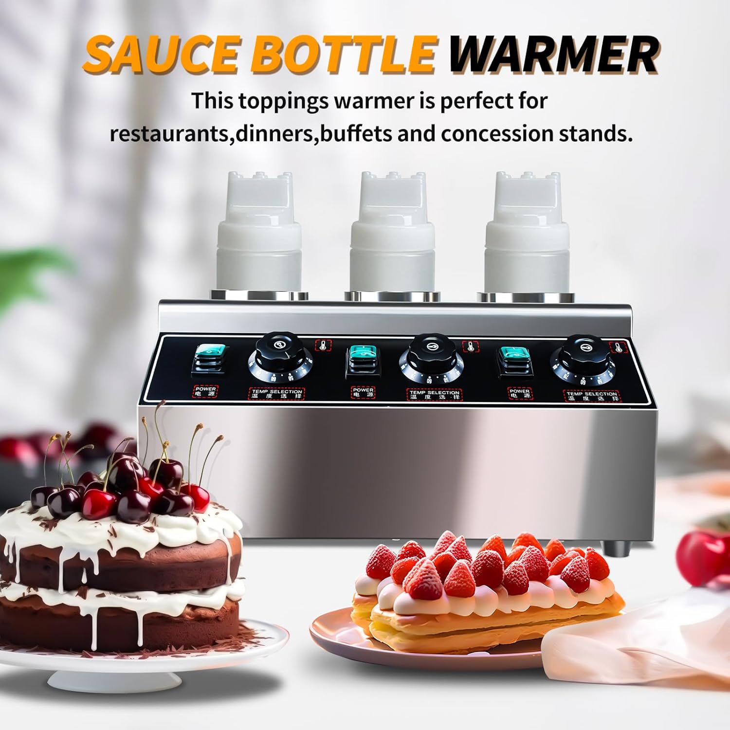 Generic YOOKTEN Electric Cheese Sauce Warmer Dispenser,0.68x3 Qt Commercial Cheese Dispenser Bottle Warmer Hot Chocolate Warmer and Dispenser 86-185℉Nacho Cheese Warmer with Bottles, Silver