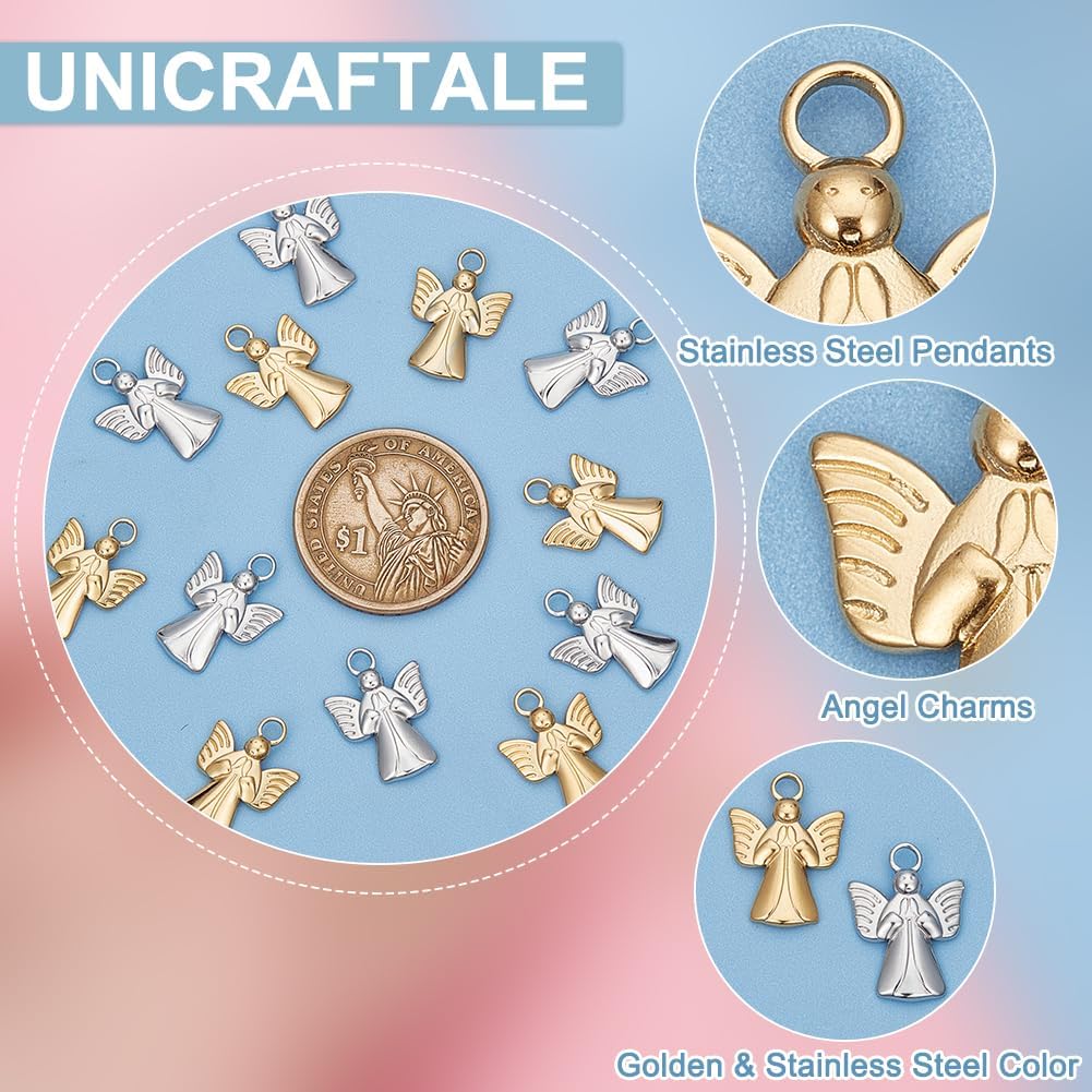 UNICRAFTALE 12Pcs 2 Colors Ion Plating 304 Stainless Steel Angel Pendant Golden Metal Charm 19.5mm Long Angel Fairy Pendant for DIY Bracelet Pendant Jewelry Making 3mm Hole - Image 5