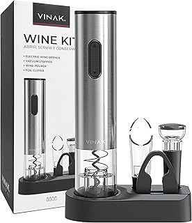 VINAK Wine Kit - Sacacorchos eléctrico con pilas de acero inoxidable + tapón de vino al vacío + boquilla vertedor + cort...