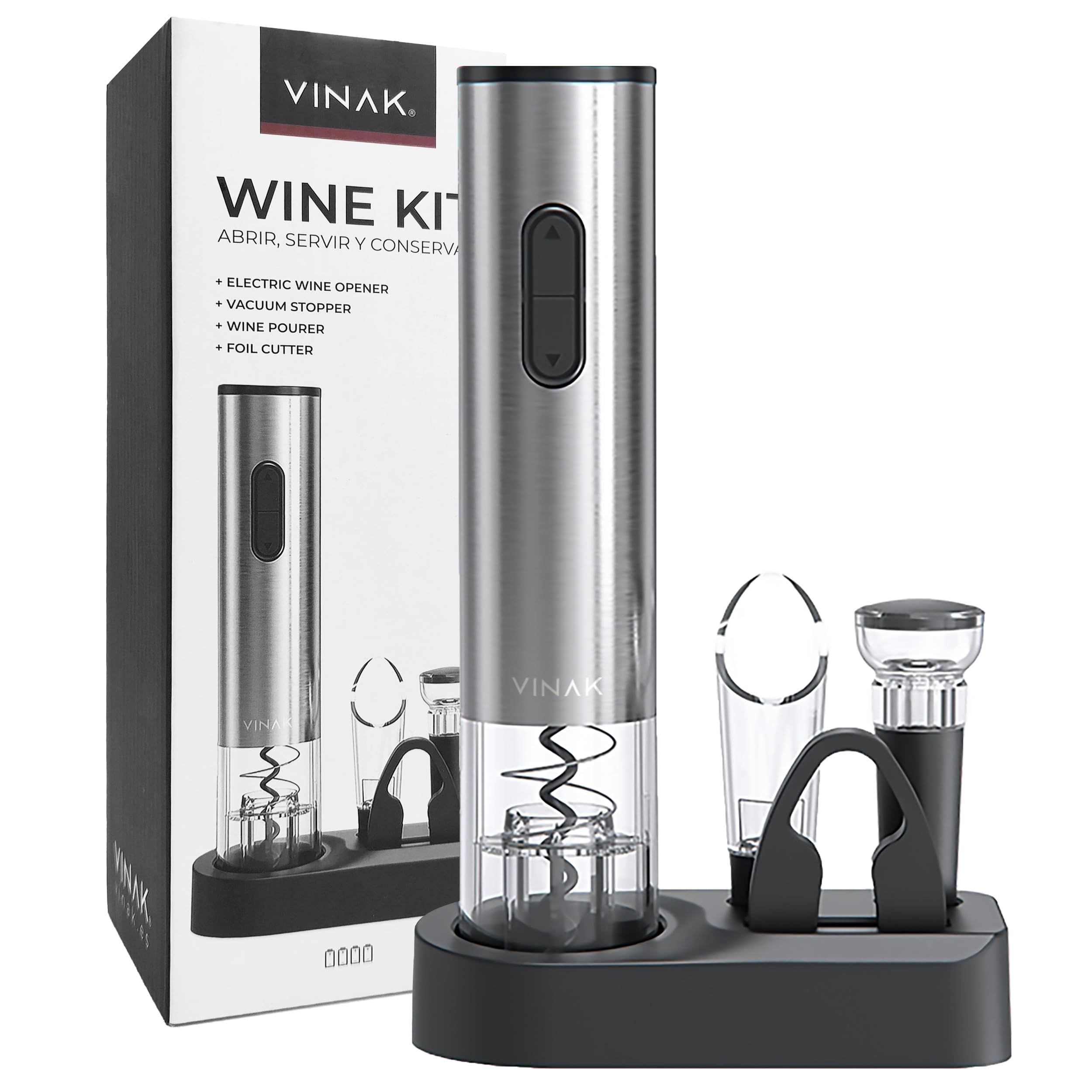 VINAK Wine Kit - Sacacorchos eléctrico con pilas de acero inoxidable + tapón de vino al vacío + boquilla vertedor + cortacápsulas | Diseño moderno | Abrebotellas sin esfuerzo