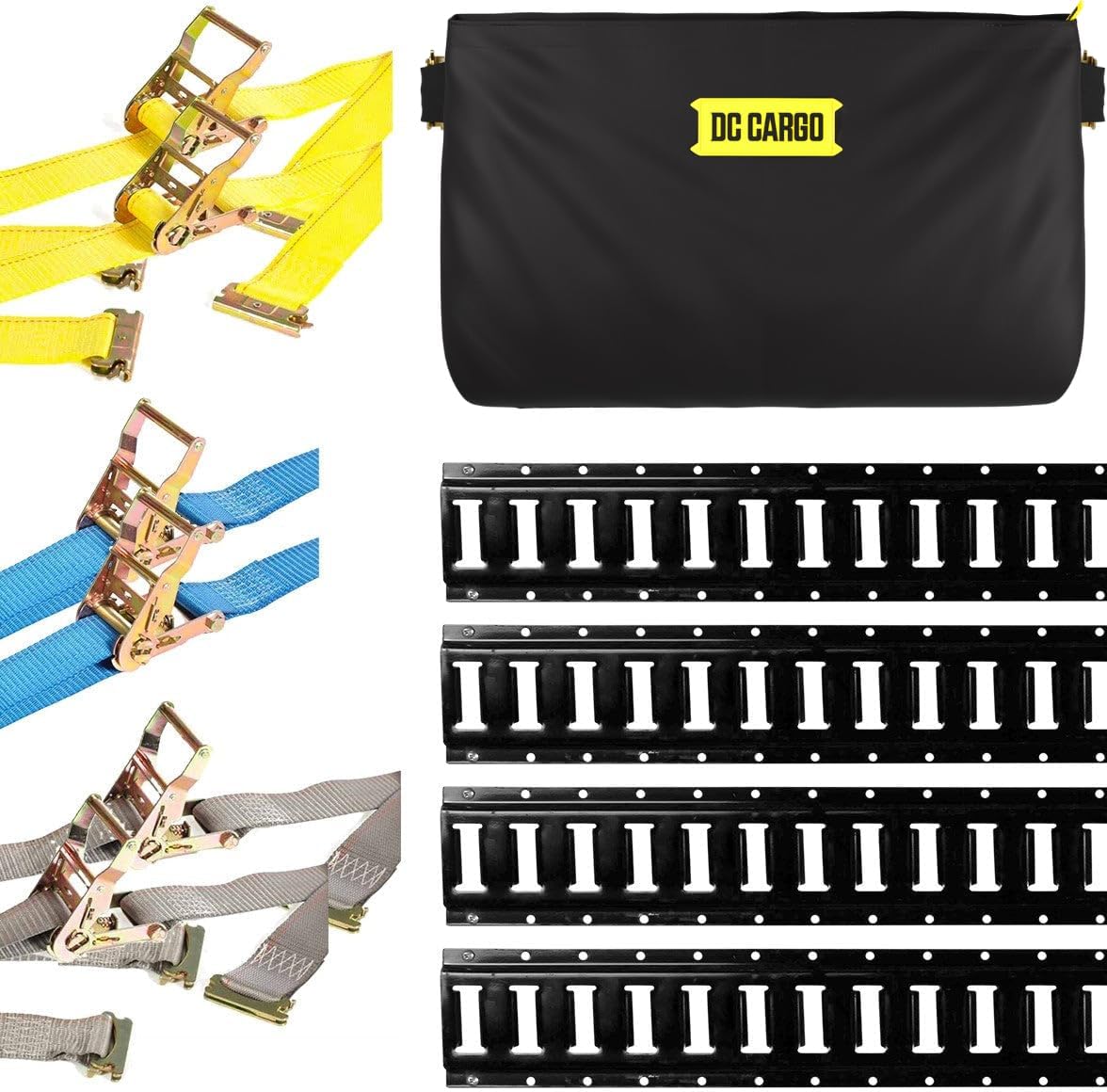 DC Cargo Mall E Track Tie-Down Kit - 10 Pieces: 4 ft Black E Track Rails & E Track Ratchet Straps