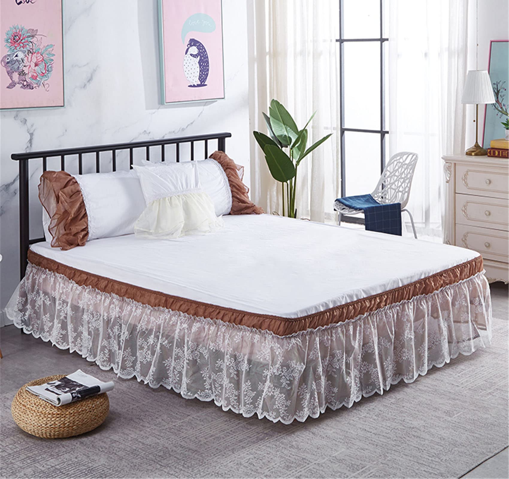 Surwin Pleated Bed Valance Sheet Single Double King Size Lace Embroidery Bed Base Wrap Extra Deep Frilled Fitted Valance Sheet Easy Care Bed Skirt Soft Breathable (Brown,200x220x40cm)