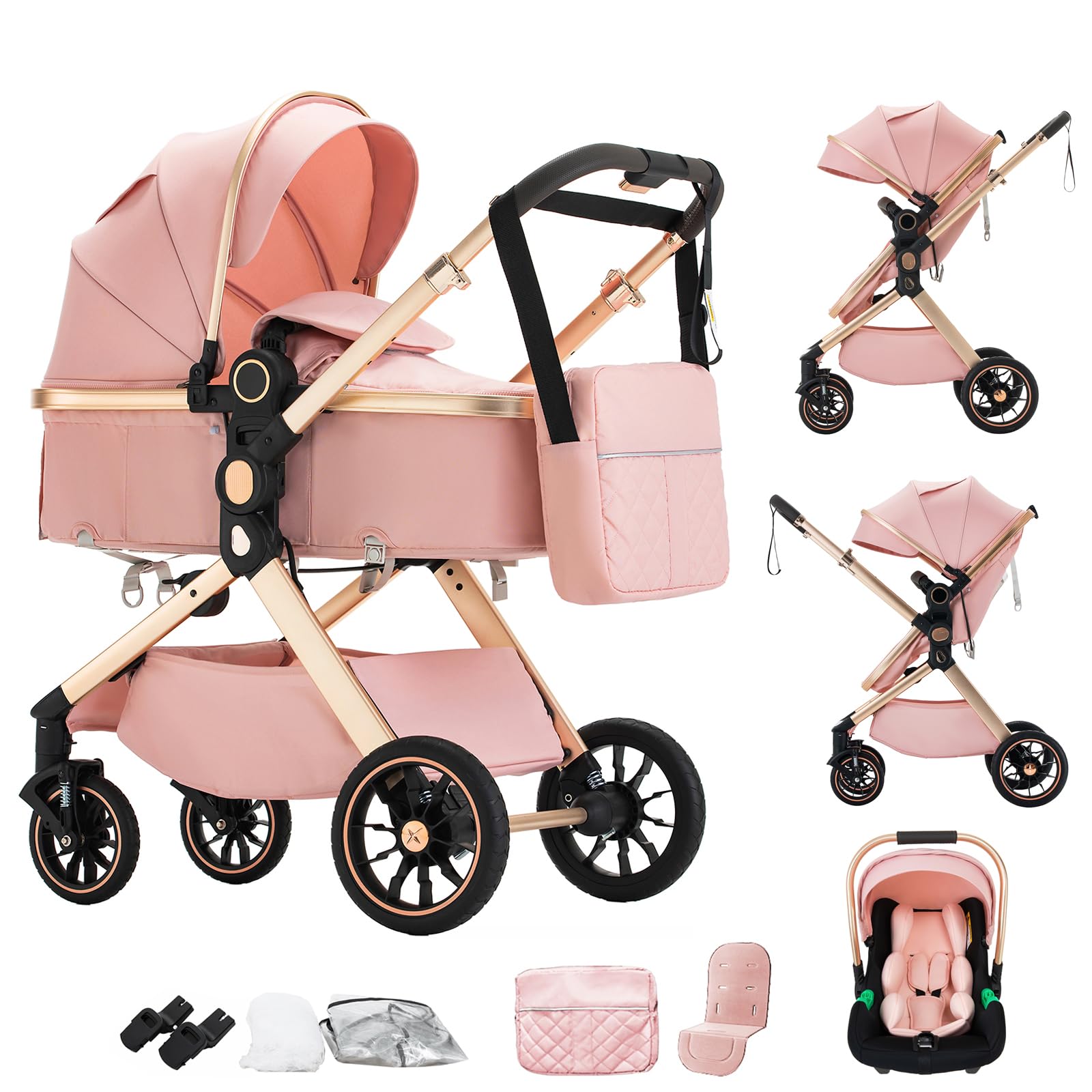 Shineey 3 in 1 Baby Stroller with Height Adjustable Handle,3 in 1 Prams Travel System, Lightweight Foldable Pushchair, Prams with Aluminum Frame for Portable Baby Carriage (U9-X//Pink, U9-X)