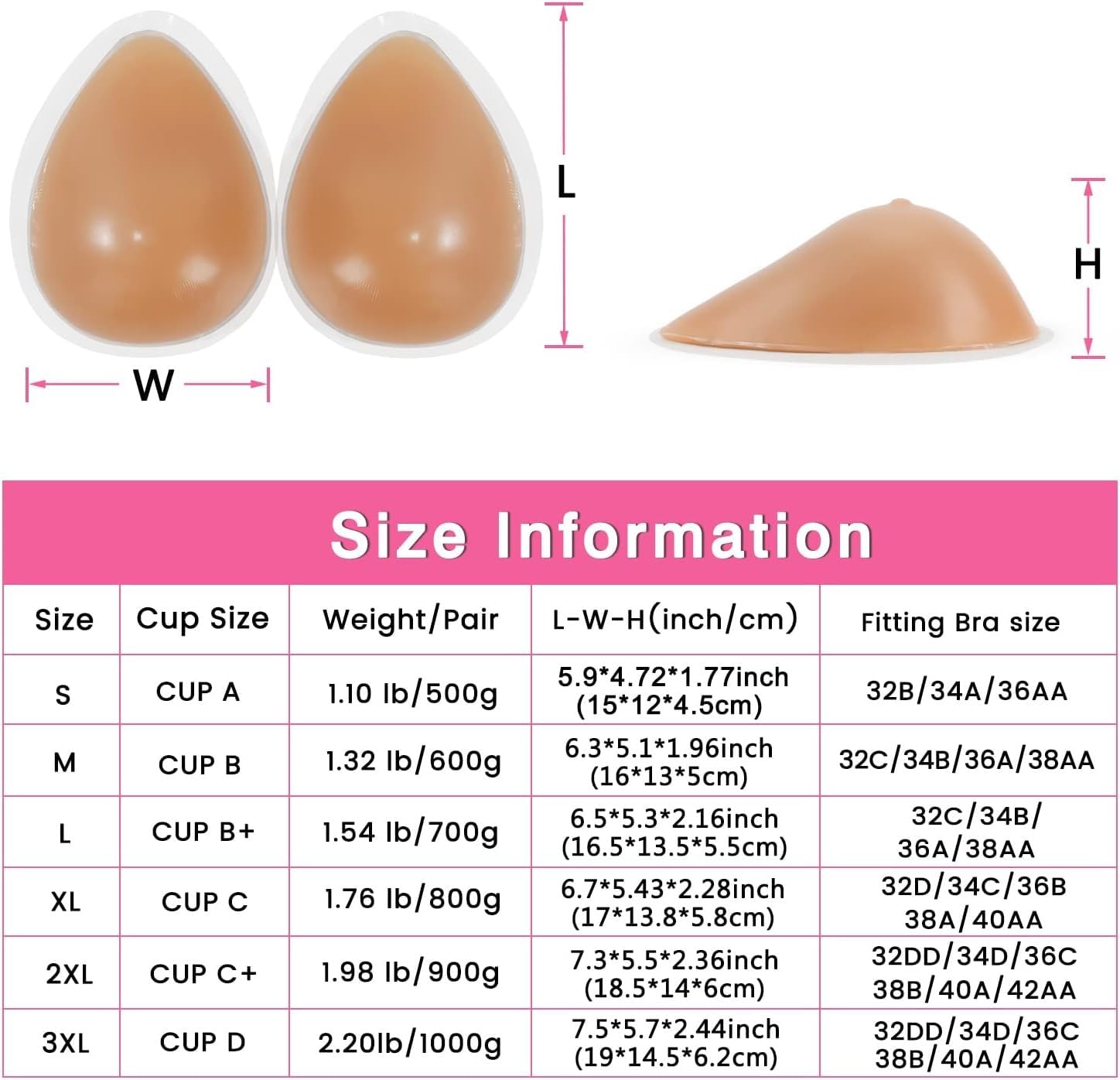 Un par de formas de senos de silicona en forma de lágrima autoadhesivas, senos de silicona con forma de lágrima, senos postizos, prótesis de mastectomía con forma de seno pecho/A/L