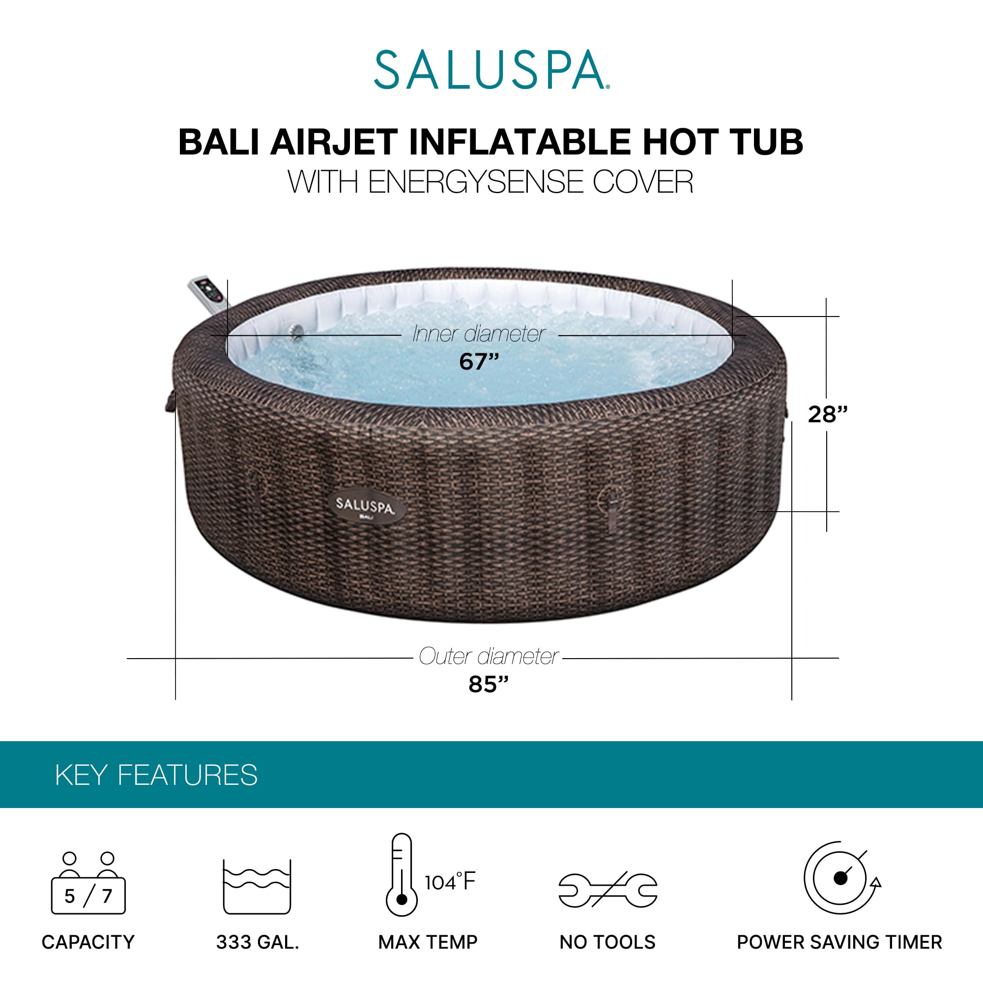 Bestway SaluSpa Bali Smart AirJet Inflatable Hot Tub Round Portable 5-7 Person Spa with 180 AirJets, App Control and EnergySense Cover, Brown Rattan