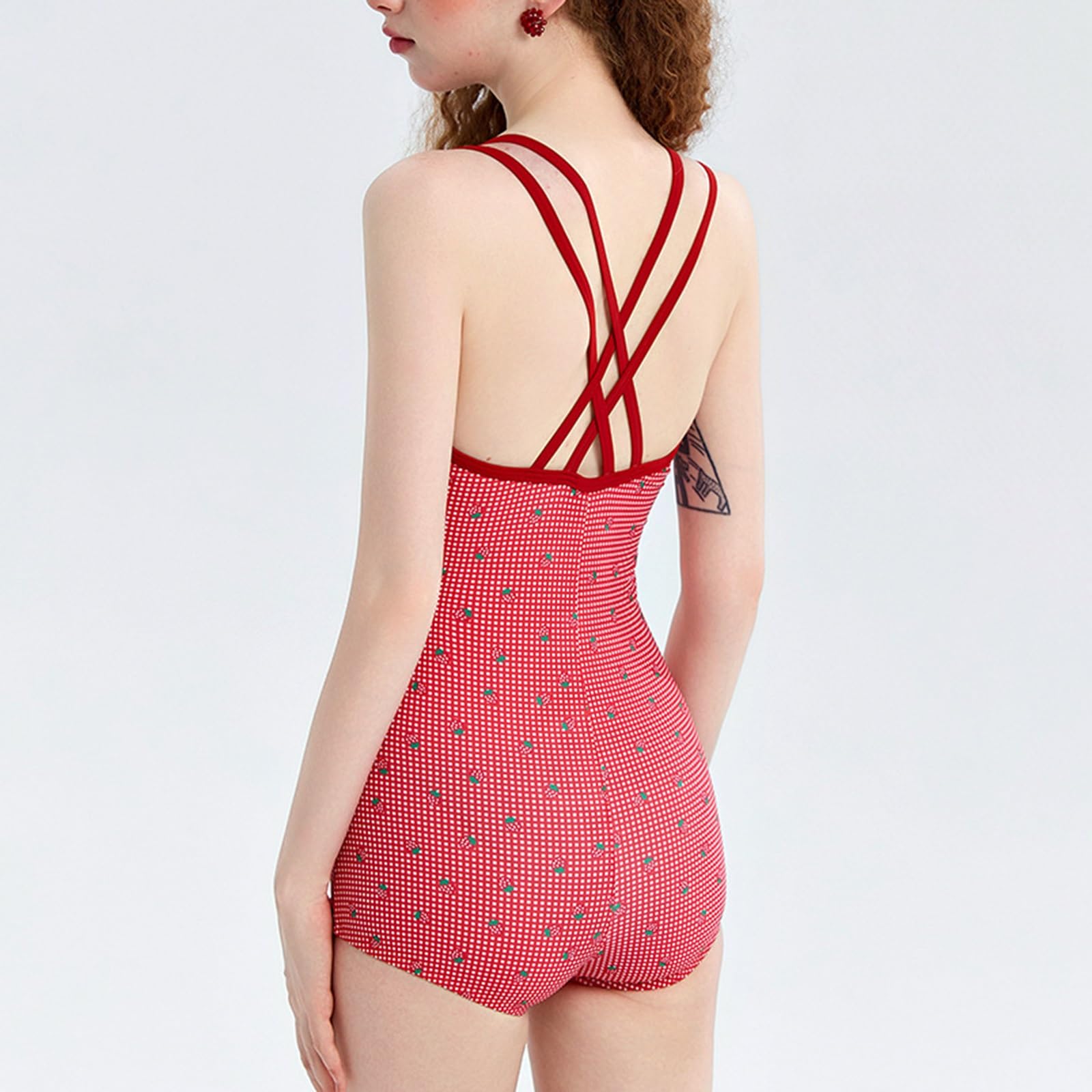 Costume da Bagno Intero A Quadretti Rossi, con Stampa A Fragole, Spalline Incrociate sulla Schiena, Imbottiture Removibili sul Seno, per Le Vacanze al Mare e in Piscina