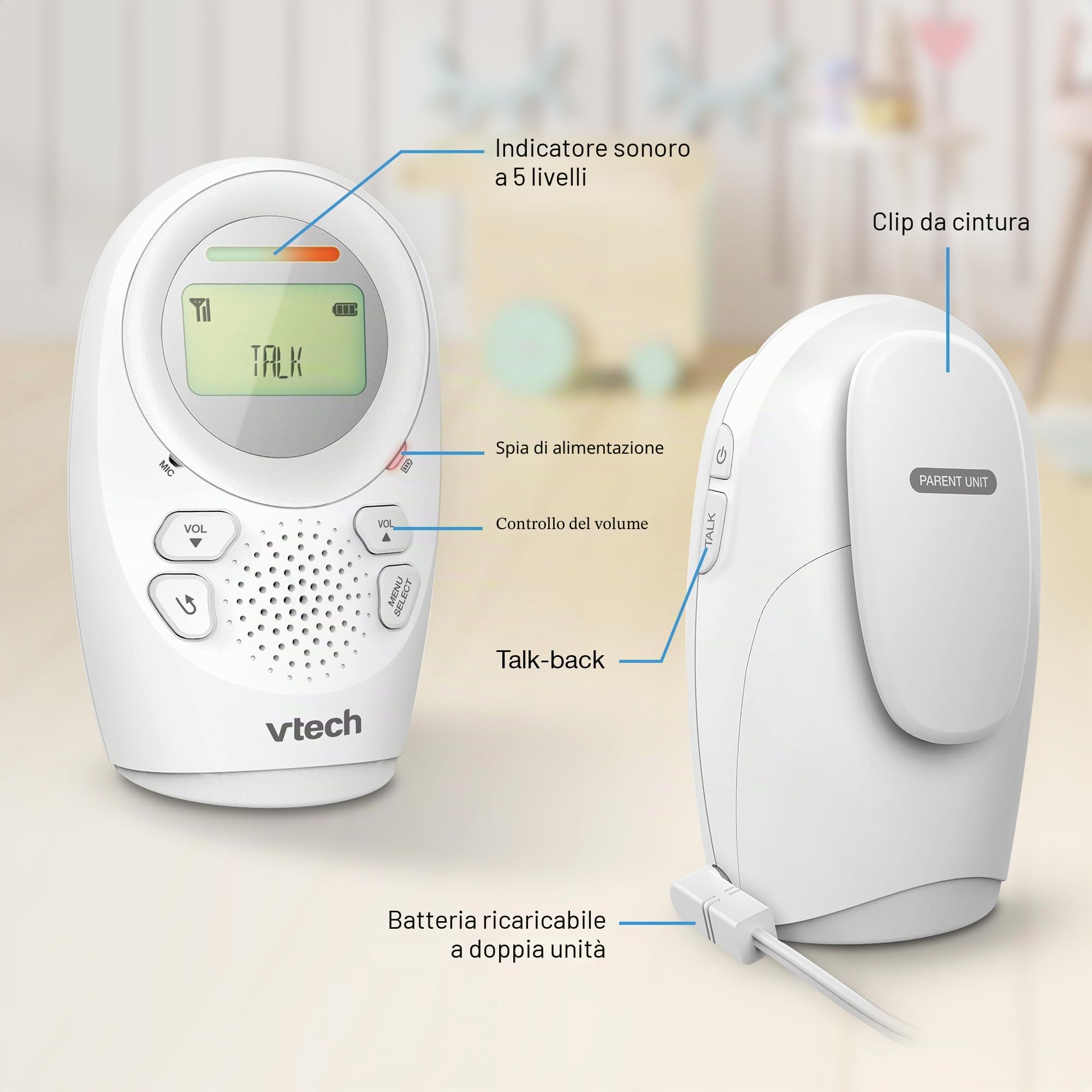 VTech DM1211 - Baby monitor audio a lungo raggio, baby monitor con conversazione a 2 vie, display del livello di rumore, sensore di temperatura, suoni rilassanti, clip da cintura