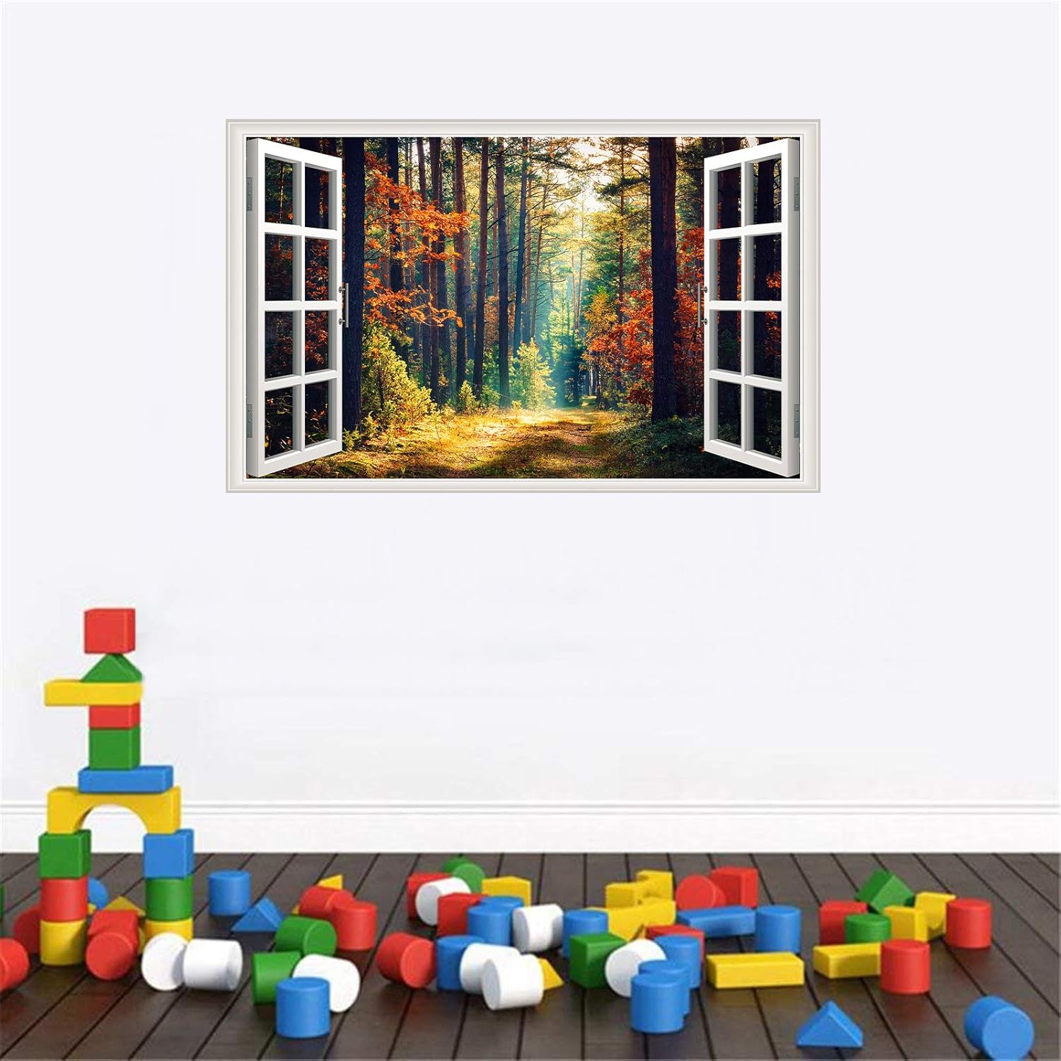 Prabahdak Forest Fake Windows Wall Sticker Removable 3D Nature Landscape Faux Windows Wall Sticker Vinyl Self-Adhesive Maple Trees Wall Mural Stickers for Bedroom Living Room Decoration : Tools & Home Improvement