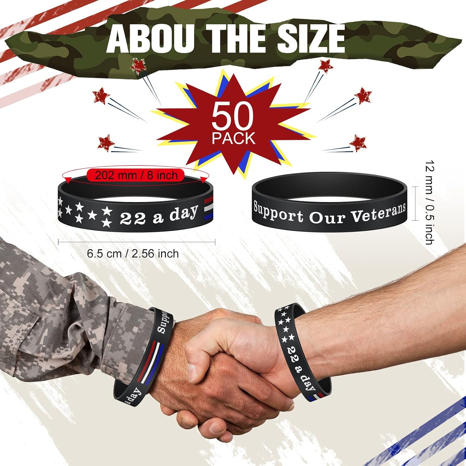 Zubebe 50 Pcs Veterans Day Silicone Bracelets | 250th Anniversary 1776-2026 | 22 a Day Support Our Veterans Bracelet Bulk Military Wristband Gifts for Men Women 7.95 x 0.47 Inch