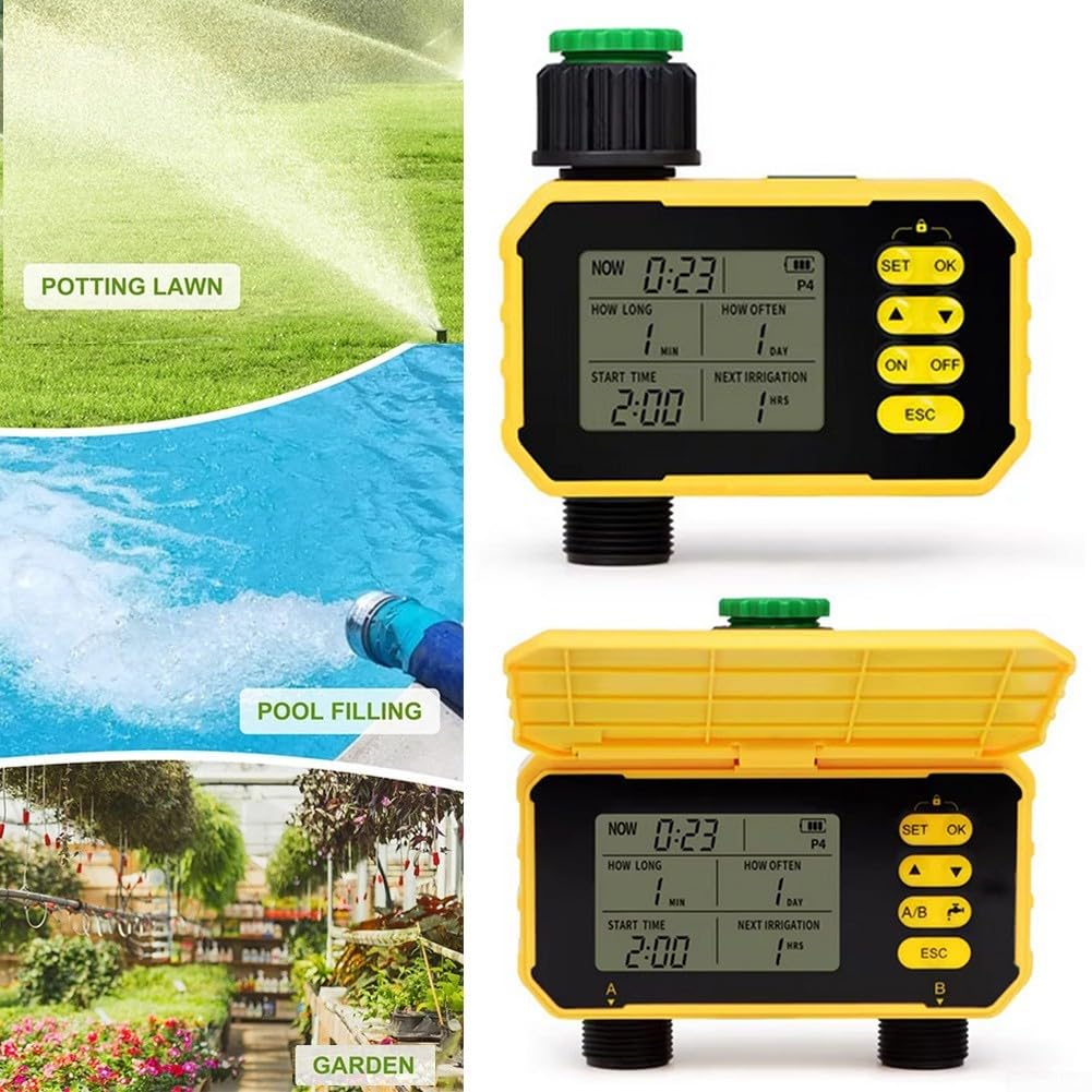 Timer di irrigazione solare con sensore, sistema di irrigazione automatico da giardino, 4 programmi di controllo a energia solare con blocco schermo, giallo (2 uscite)