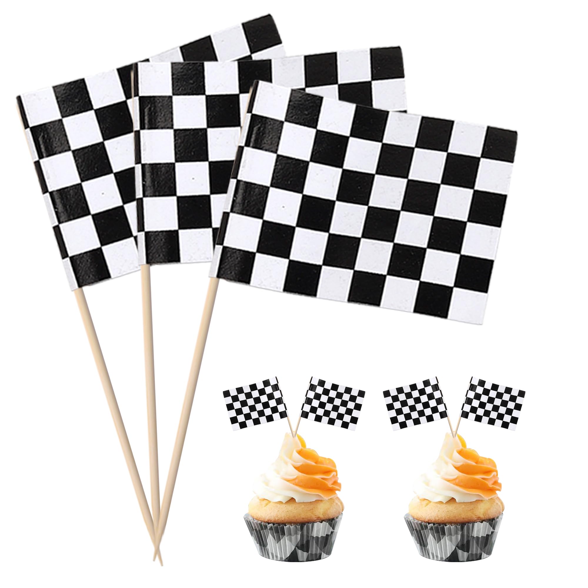 Rsstarxi 100 Pack Mini Checkered Flag Cupcake Toppers Checkered Racing Flag Toothpicks Race Flags Finish Line Cupcake Food Picks for Race Car Themed
