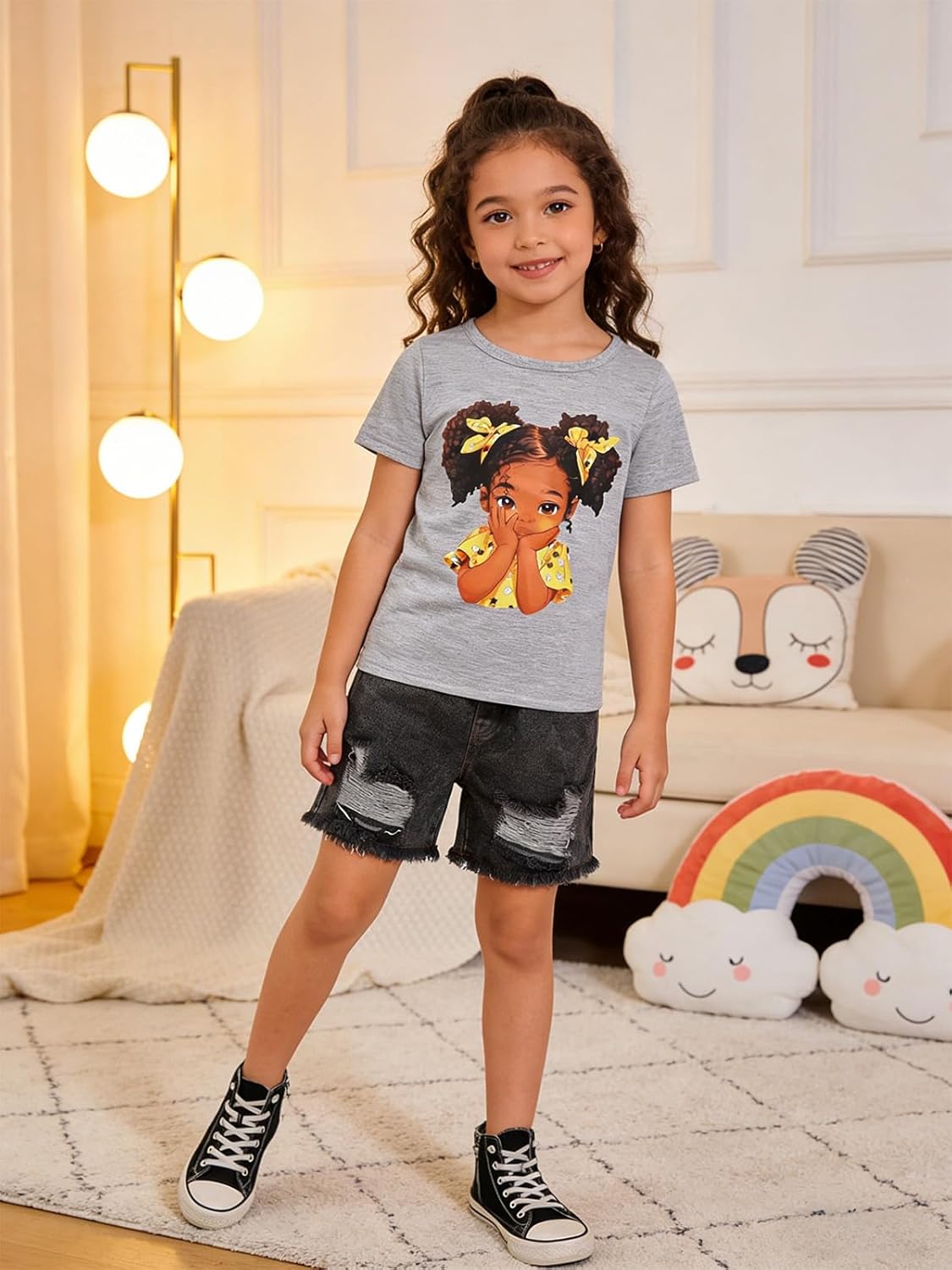 Toddler Girls Summer Clothes Cute Girl Character Print T-Shirt + Washed Ripped Denim Shorts 2 Piece Outfits - Image 5