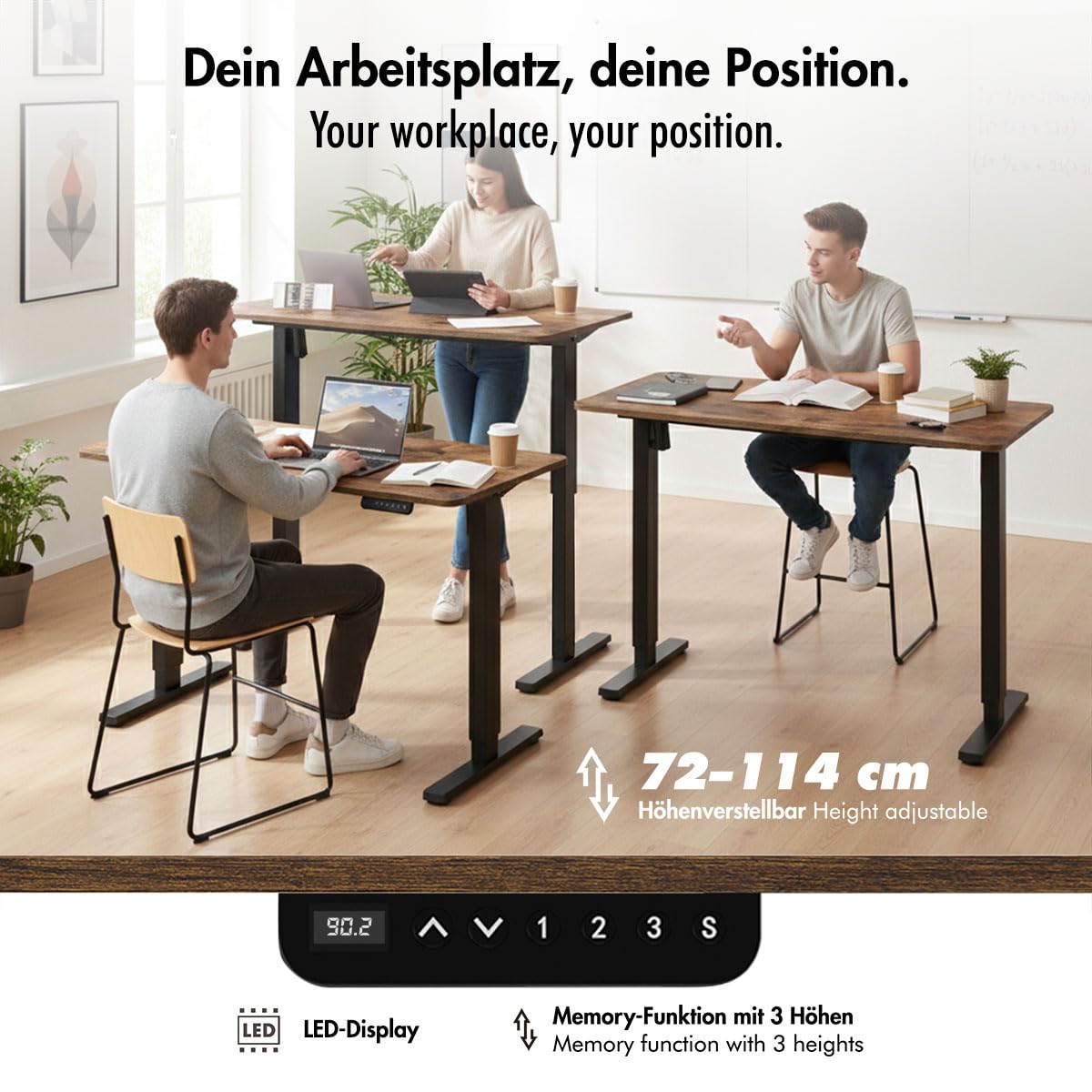LogiLink Biurko z elektryczną regulacją wysokości (stelaż stołu z blatem) z 1 silnikiem i regulacją wysokości, wysokość 720 – 1140 mm, kolor stelaża: czarny, blat stołu: brązowy