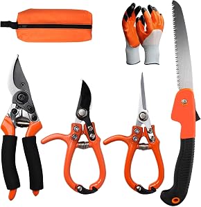 6Pcs Pruning Shears Set with Bypass Pruning Shears, Garden Scissors, Pruning Snips,Saw,Gloves,Storage Bag,Handheld Garden Shears Set for Plant