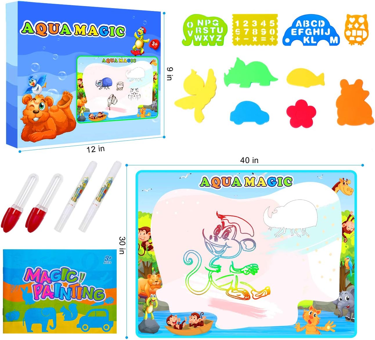Free to Fly Large Aqua Water Drawing Magic Mat - Free to Fly 2019 Updated Color Painting Doodle Board Doodle Magic Mat With No Mess, Educational Kid Toys Gift for Boys and Girls Age 3 4 5 6 7
