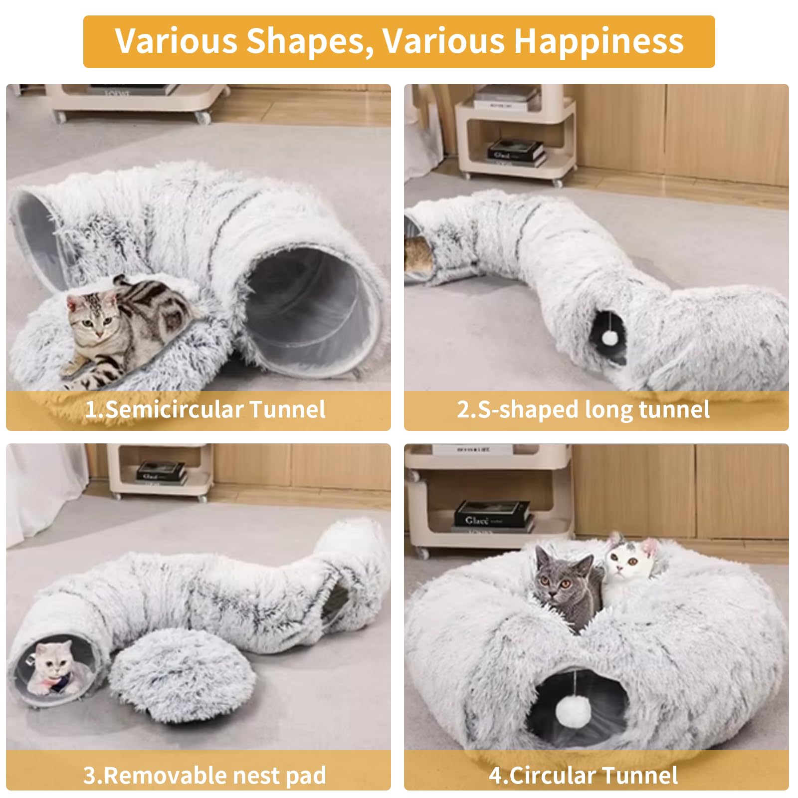 Katzentunnel, Tunnel für Katzen Rund mit Schlafplatz & Bed,Multifunktionales Faltbar Katzen Tunnel Katzenhöhle mit Spielball Interaktives Spielzeug für Indoor Kitten (Grau)