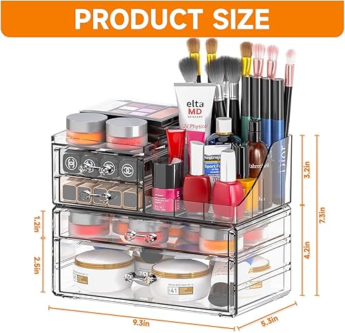 Miniatura 3 de SUOXING Organizador de maquillaje acrílico transparente para tocador, baño, tocador, 4 cajones organizadores de maquillaje para mostrador,