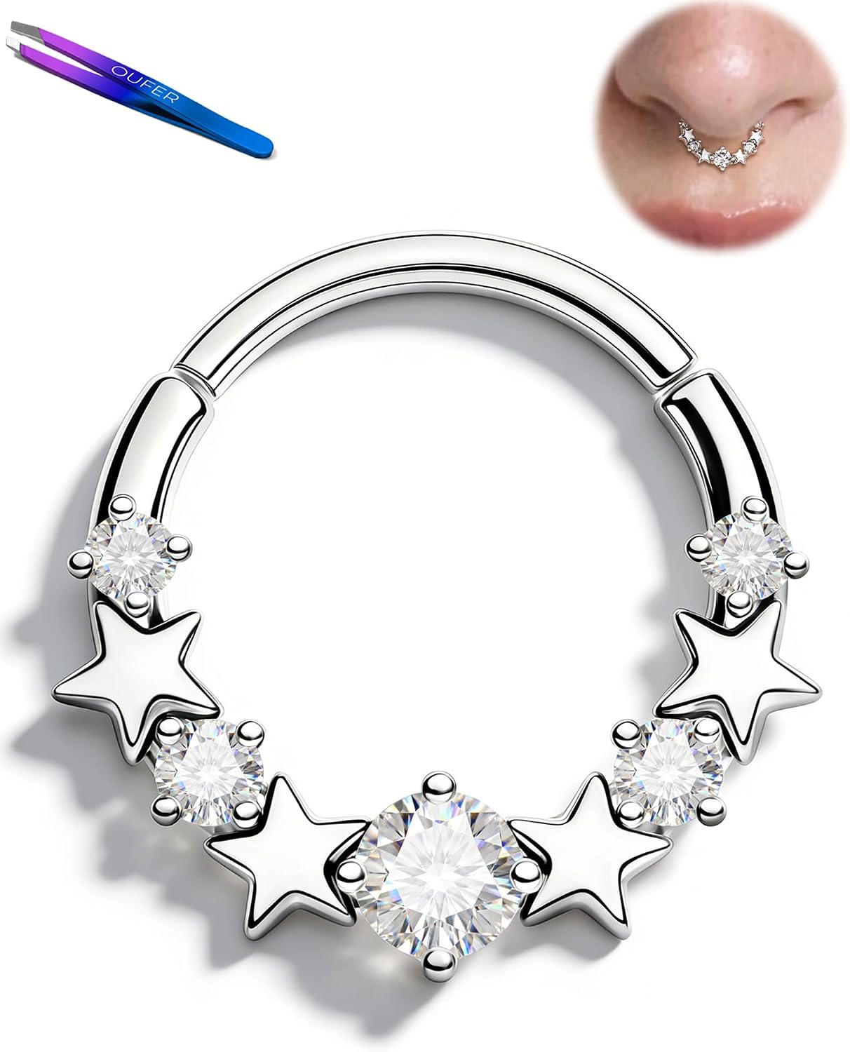 OUFER 316L Surgical Steel Silver Septum Rings 16g, Sparkling Cubic Zircon Star Septum Jewelry, Hinged Segment Clicker Daith Tragus Helix Piercing Jewelry Hoop Earrings for Women