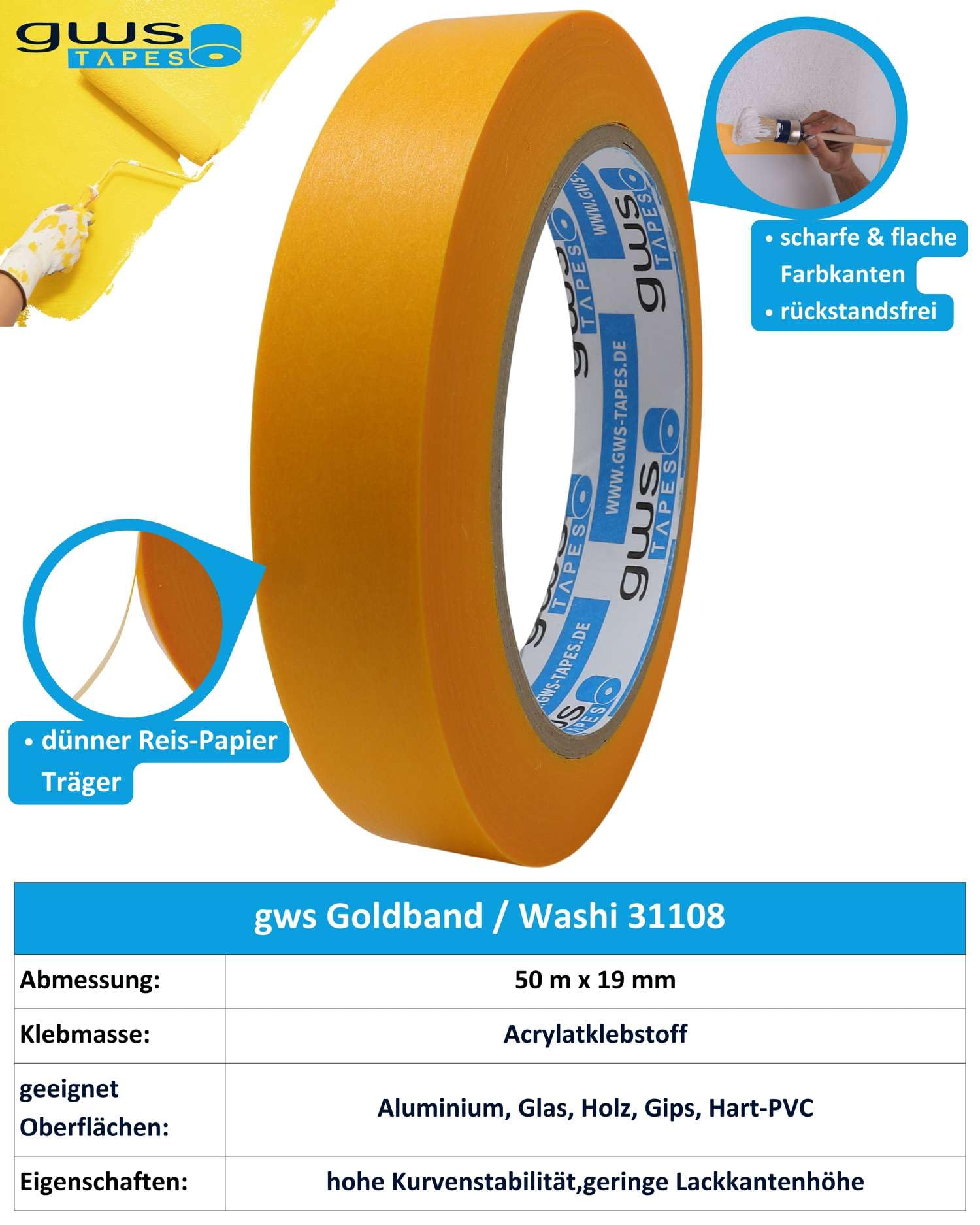 gws 48 Rollen Goldband, Malerband zum Abkleben zum Streichen, Malen, Lackieren, Basteln und vielem mehr, Maler-Abdeckklebeband, Rückstandsfrei entfernbar, dünn & stabil mit je 50 m x 19 mm