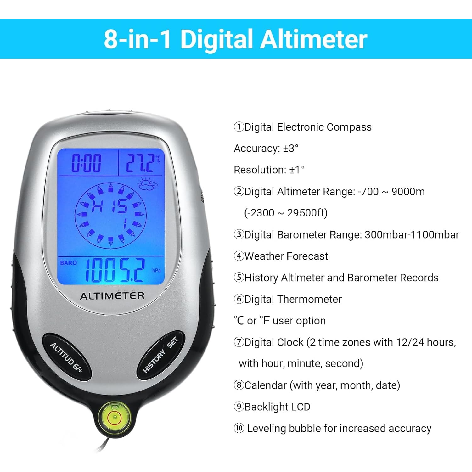 Altímetro Electrónico Multifuncional, Brújula Barómetro Termómetro Pronóstico del Tiempo Calendario Reloj con Retroiluminación Súper Brillante, para Deportes Al Aire Libre Escalada De Montaña