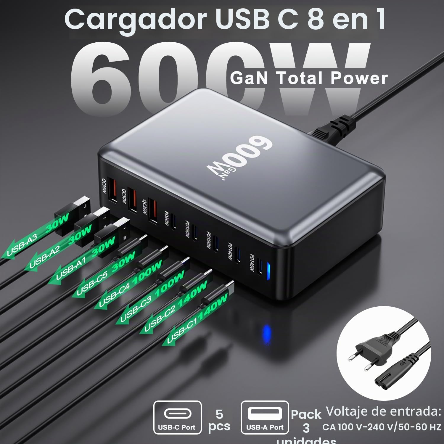 Cargador USBC 600W GAN, Fuente de alimentación de 8 Puertos Estación de Carga rápida multipuerto con 5C+3A, Fuente de PD140W alimentación Cargador múltiple Compatible con Ordenador portátil/MacBook